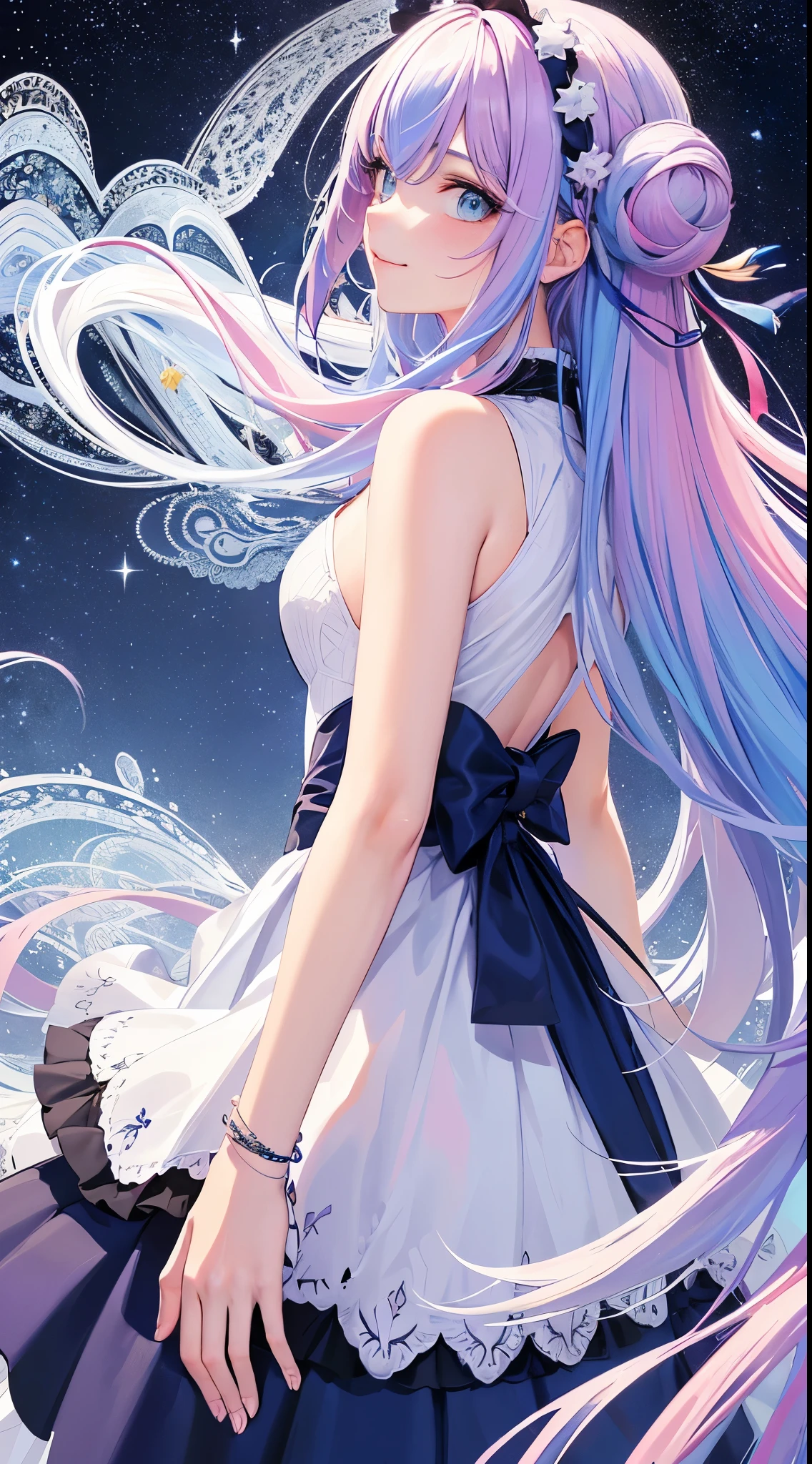 (tmasterpiece, quality, Best quality at best, Eaucolor (middling), offcial art, Beautiful and beautiful: 1.2), (1 girl: 1.3), (s fractal art: 1.3), The upper part of the body, From the side Side, Just look at the audience, patterned, (Iridescent hair, Colorful Hair, Half blue, half pink hair: 1.2), Eau, liquids, clouds, Colorful, starrysky, As estrelas, 校服, ssmile