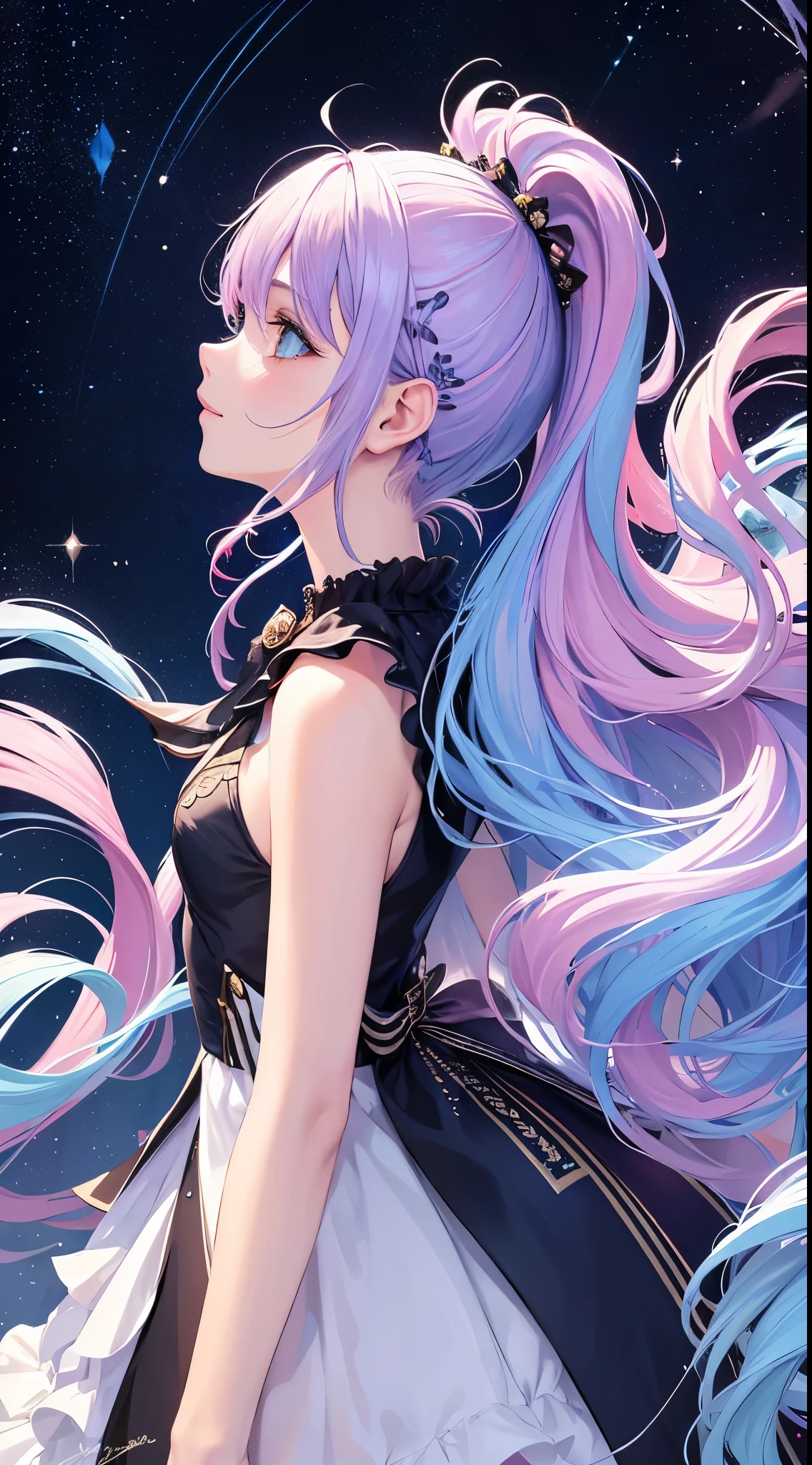 (tmasterpiece, quality, Best quality at best, Eaucolor (middling), offcial art, Beautiful and beautiful: 1.2), (1 girl: 1.3), (s fractal art: 1.3), The upper part of the body, From the side Side, Just look at the audience, patterned, (Iridescent hair, Colorful Hair, Half blue, half pink hair: 1.2), Eau, liquids, clouds, Colorful, starrysky, As estrelas, 校服, ssmile