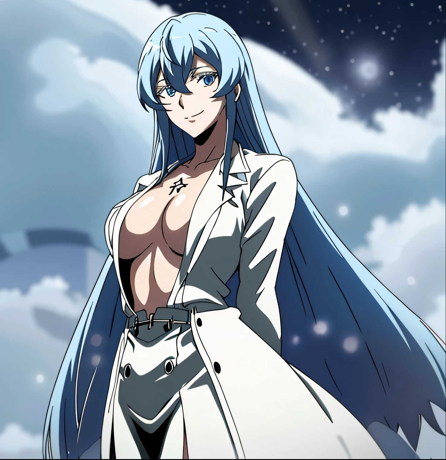 esdeath, looking at viewer, smile, large breasts, shirt, white background, open clothes, open shirt, dress shirt, no bra, arms behind back, naked shirt, beautiful detailed night sky, glow white particles, warm light from below, standing, cowboy shot,