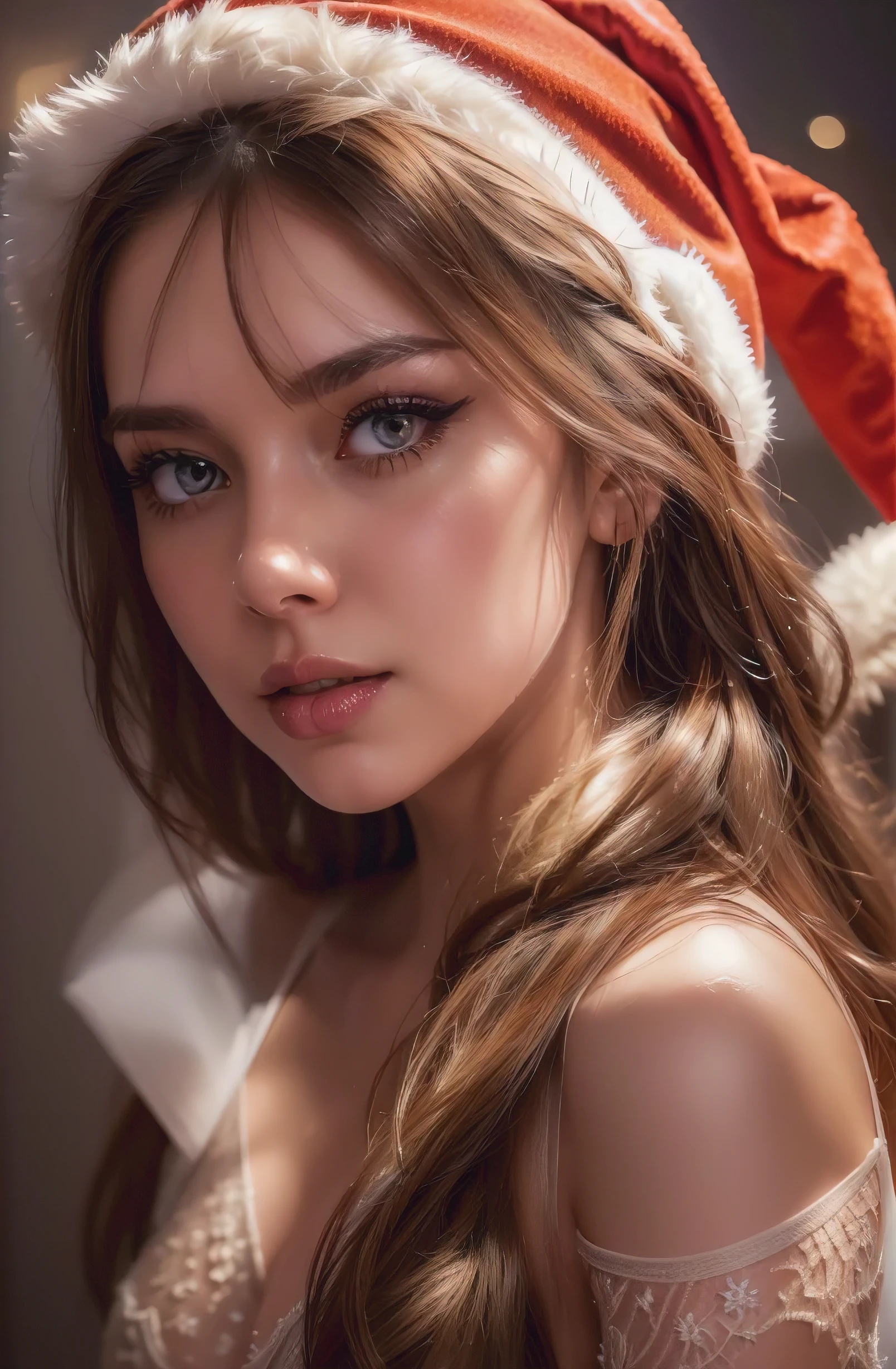 (best quality, realistic),Lora Perfect Girl A, ultra-detailed, vivid colors, professional, HDR, portrait, fine art, digital painting, studio lighting, beautiful detailed eyes, beautiful detailed lips, Santa hat, sexy, confident expression, long brown hair, flawless complexion, elegant pose, white lace lingerie, subtle makeup, alluring gaze, festive atmosphere.