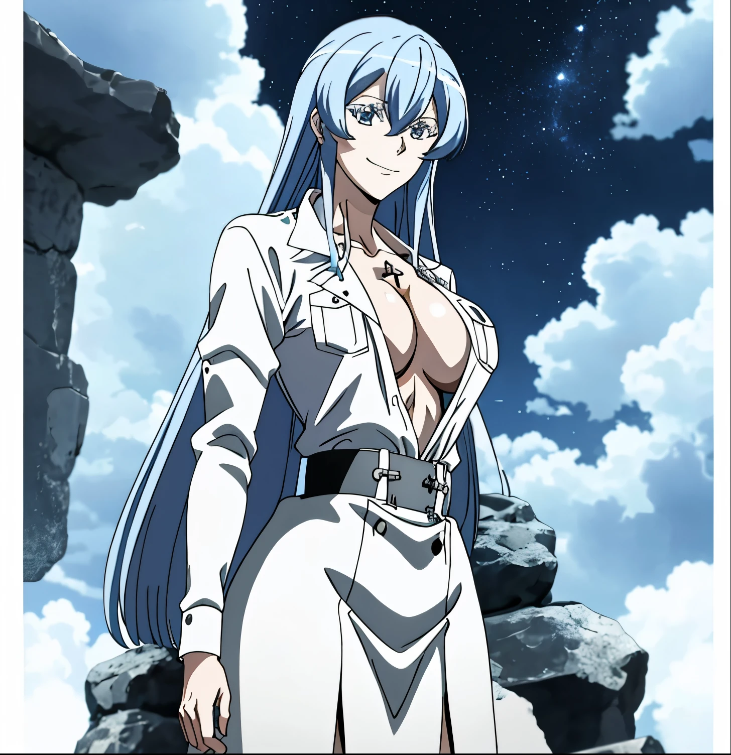 esdeath, looking at viewer, smile, large breasts, shirt, white background, open clothes, open shirt, dress shirt, no bra, arms behind back, naked shirt, beautiful detailed night sky, glow white particles, warm light from below, standing, cowboy shot,