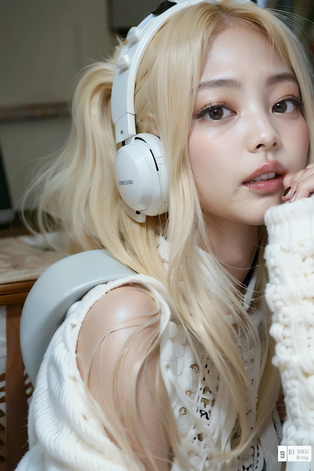Chica de pelo rubio con auriculares sentado en una silla, Cabello largo y blanco y flequillo, Hermosa Delphine, Chica perfecta de pelo blanco, Lalisa Manobal, con pelo largo blanco, Peinado blanco de corte hime, con el pelo largo y blanco, Su cabello es blanco, flequillo blanco, cabello whitebangs cabello, Chica rubia de anime con cabello largo, cabello blanco que fluye, Jennie de Blackpink, Blackpink Jennie, estrella del kpop Kim Jennie, Idol Jennie de Blackpink.