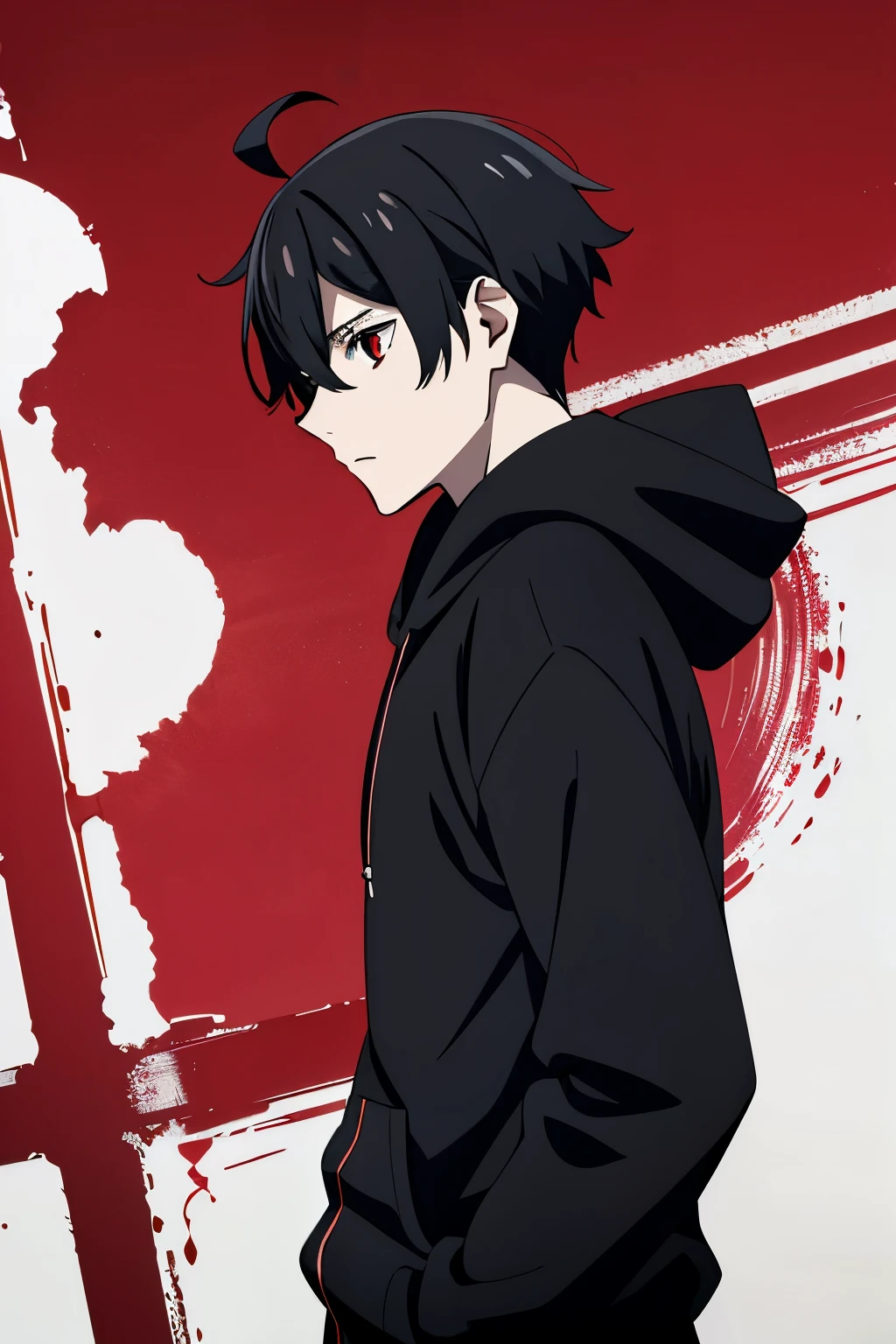 black earling, 1boy, teenage, black hair, red eyes, short haircut, ahoge, cowlick, black hoodie, messy bangs, pale skin, skinny