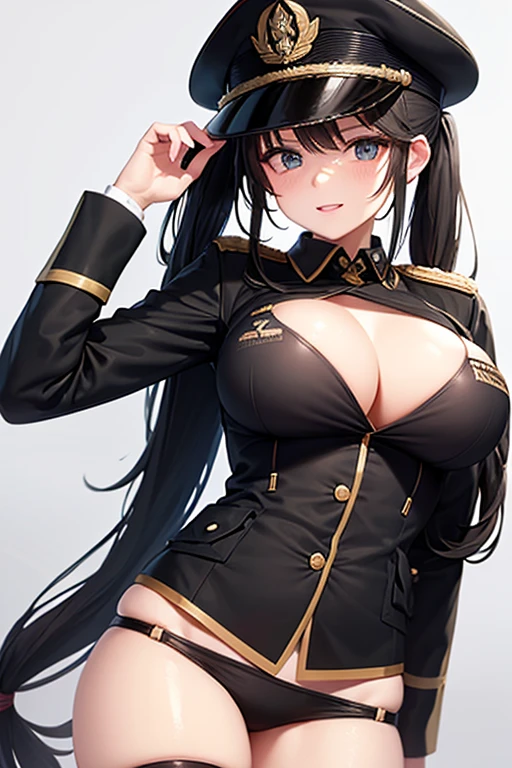 Military Uniform, Long Black Hair, Breast, Military Cap, Ponytail, Bikini