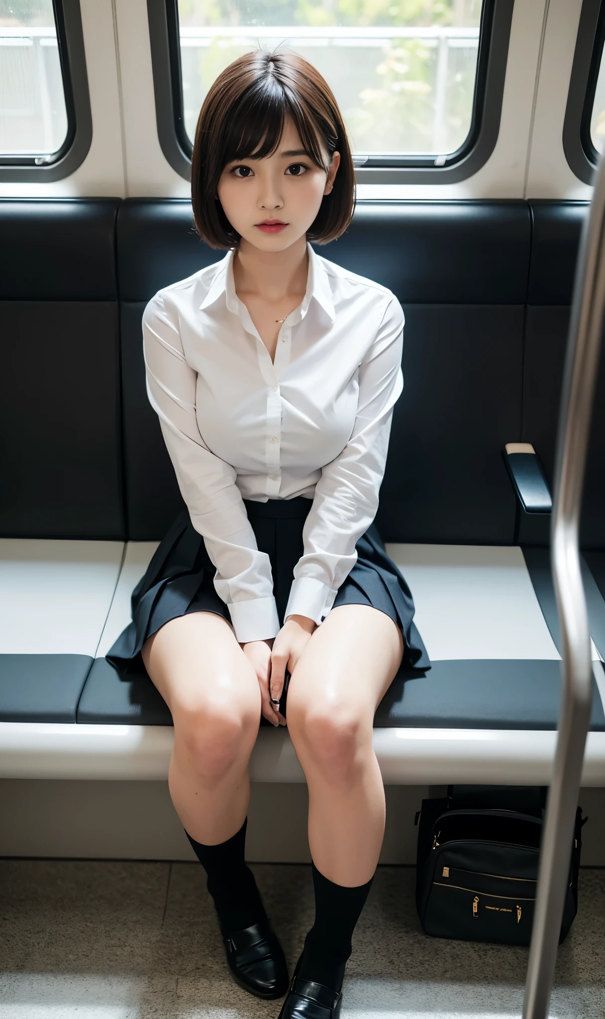 1 woman, thighs, sitting on train, school uniform, realistic, raw photo, white shirt, pleated skirt, black short socks, roafer, medium hair, bangs, looking at viewer, best quality, large breast, （squeezing breast）,