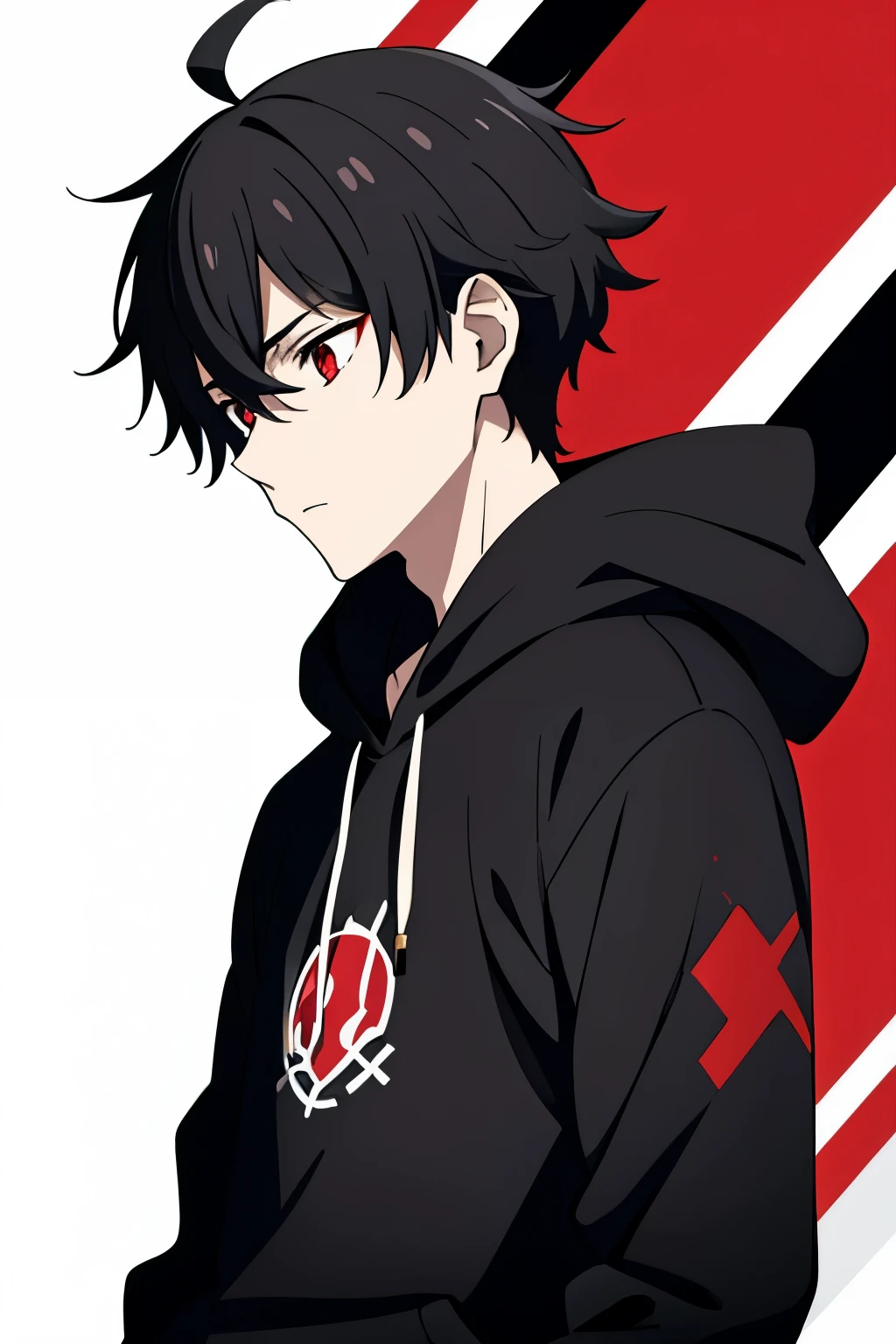 black earling, 1boy, teenage, black hair, red eyes, short haircut, ahoge, cowlick, black hoodie, messy bangs, pale skin, skinny