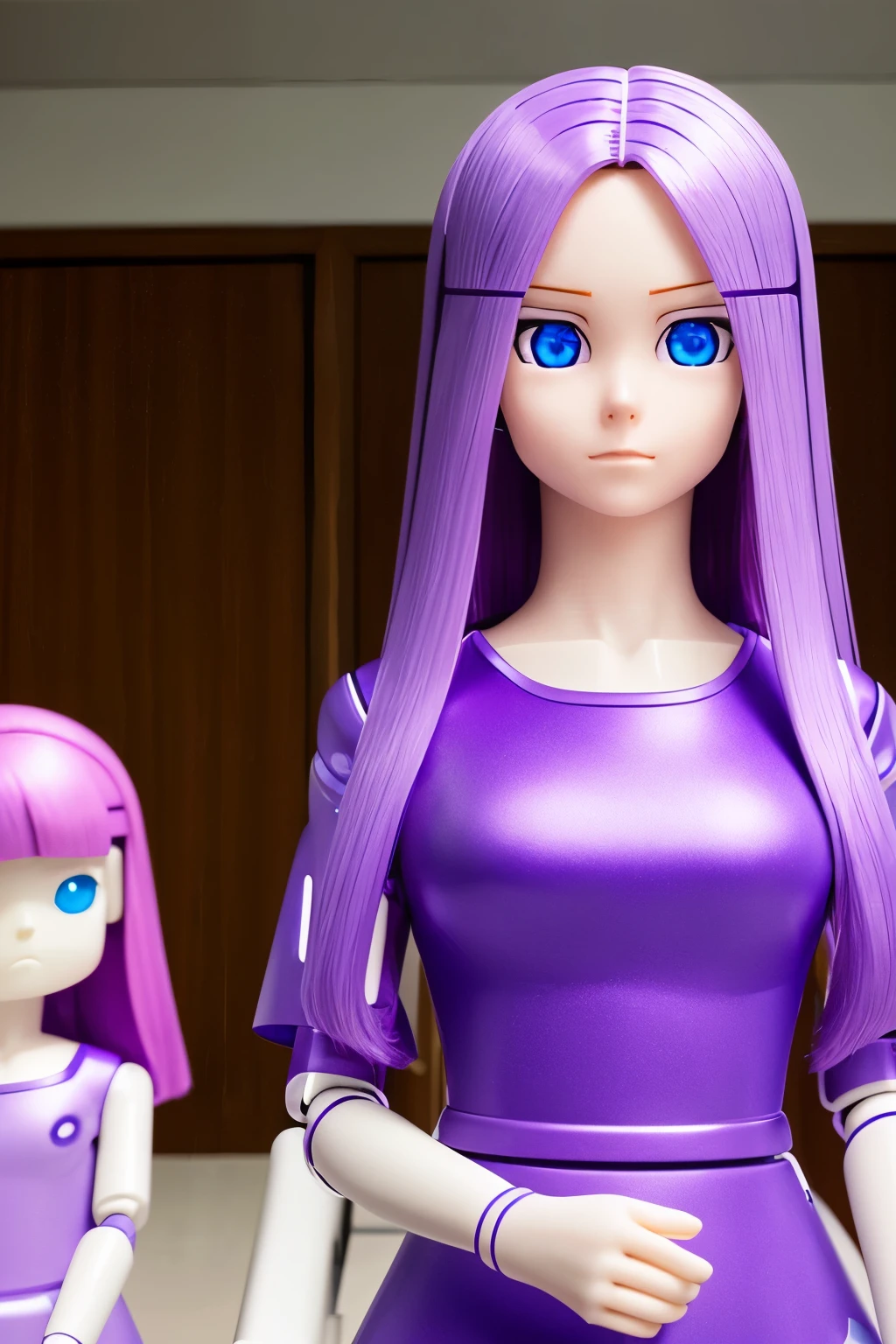 Mass-produced lifelike android housewife, assembly line, long purple hair, blue eyes, glowing eyes, stand at attention, empty eyes, blank stare, hollow eyes, pink shirt, 3d custom girl, 3d,