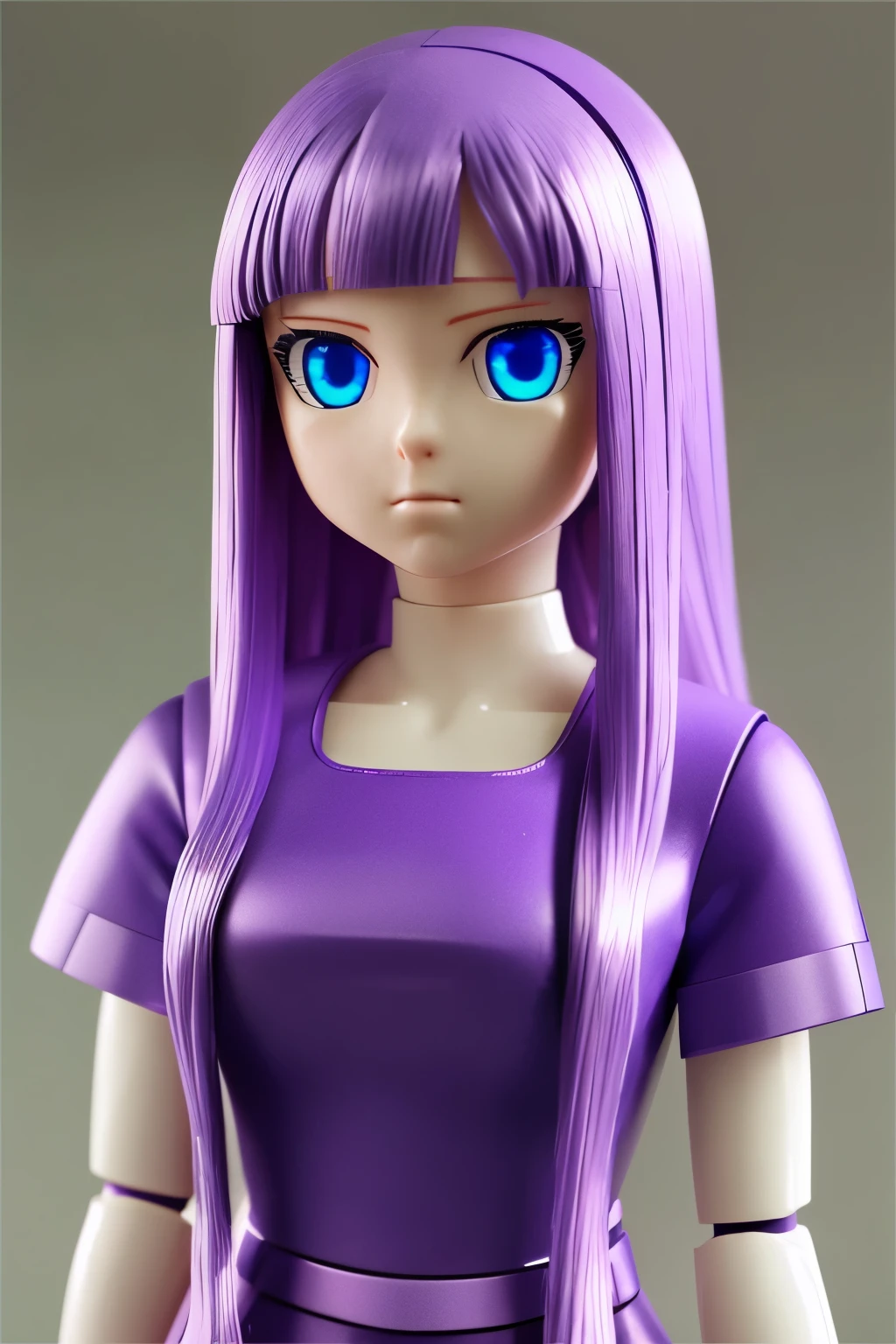 Mass-produced lifelike android housewife, assembly line, long purple hair, blue eyes, glowing eyes, stand at attention, empty eyes, blank stare, hollow eyes, pink shirt, 3d custom girl, 3d,