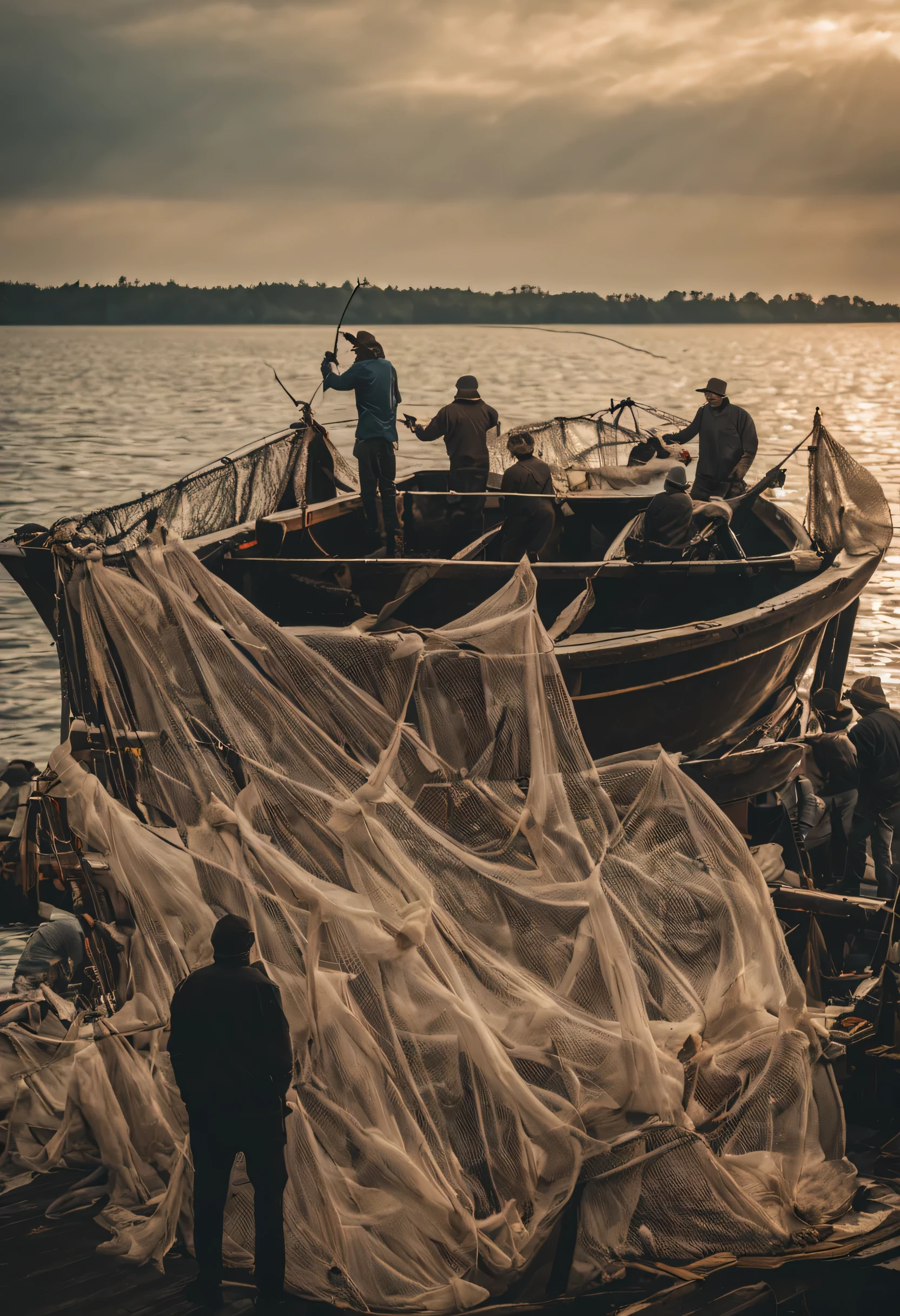 A larger ship is already very old.，Several employees in shabby clothes are casting nets for fishing. The boss is looking at the employee next to him. The weather is dim.