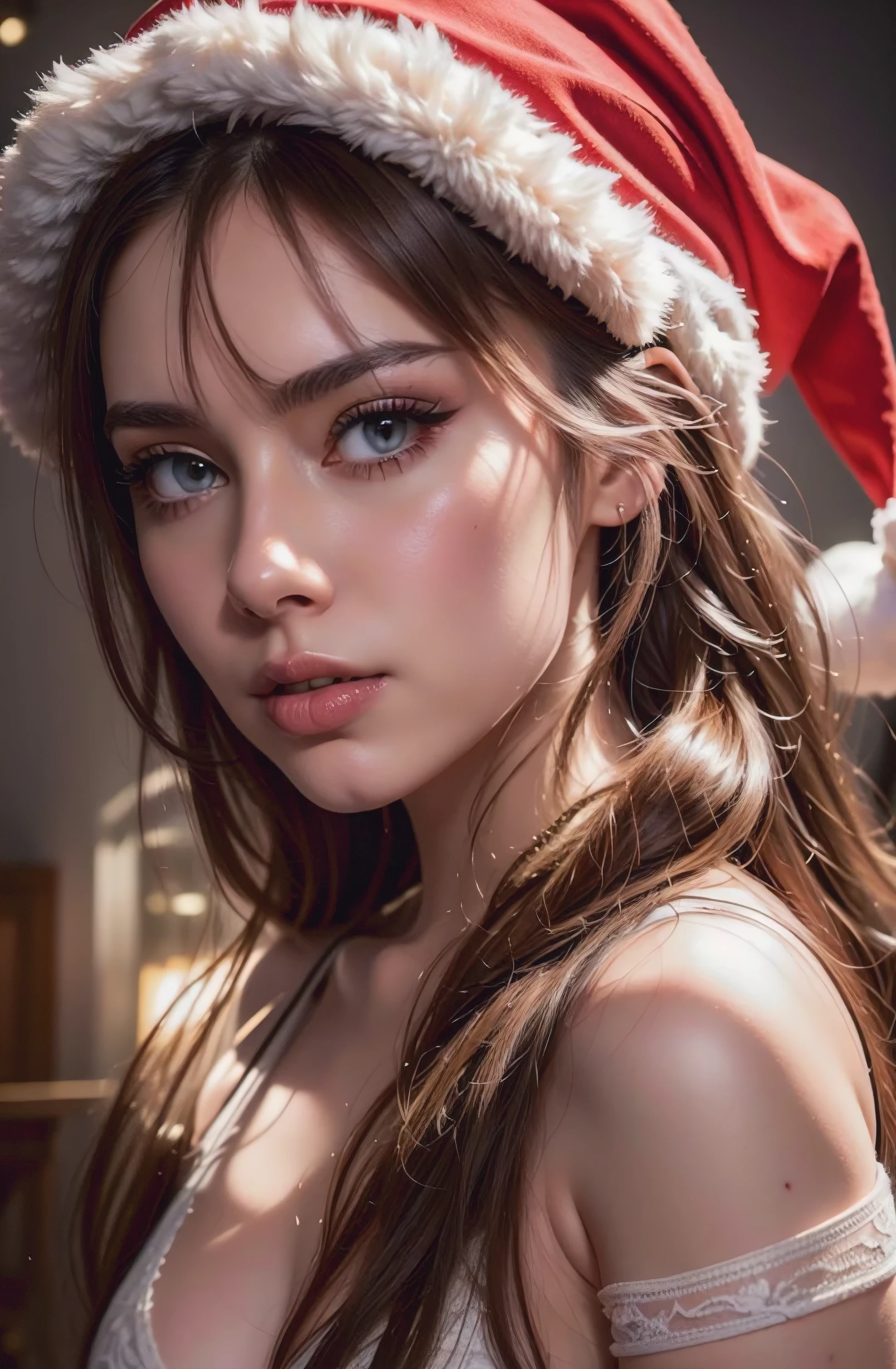 (best quality, realistic),Lora Perfect Girl A, ultra-detailed, vivid colors, professional, HDR, portrait, fine art, digital painting, studio lighting, beautiful detailed eyes, beautiful detailed lips, Santa hat, sexy, confident expression, long brown hair, flawless complexion, elegant pose, white lace lingerie, subtle makeup, alluring gaze, festive atmosphere.