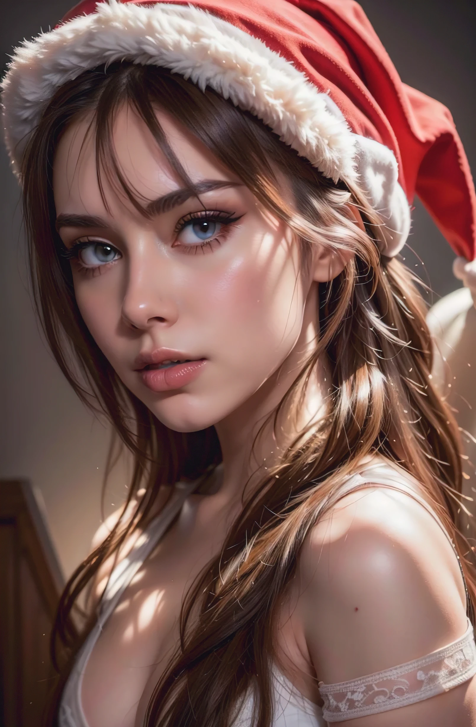 a beautiful young woman ((Lorde Ella Marija Lani Yelich-O'Connor, age 25), nude except for an airy sheer Christmas night gown (shoulders exposed, open down the middle) , her intimate areas partially exposed (pubic hair shaved)and very detailed), lying on a bed playing with a baby bunny and teasing the viewer, glamour shoot, Christmas scene (best quality, 4k, 8k, highres, masterpiece:1.2), ultra-detailed, (realistic, photorealistic, photo-realistic:1.37), HDR, UHD, studio lighting, ultra-fine painting, sharp focus, physically-based rendering, extreme detail description, professional, vivid colors, bokeh, portrait, figurative, intimate, sensual, cozy, Christmas, warm lighting, chiaroscuro (show her entire body, show all of her)
