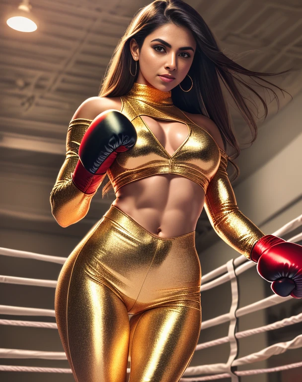 Priyanka chopra, lust look, toned abs, boxing, fighting, boxing gloves, shouting, full body picture, fit toned body, indian women, fighting ring background, indian dress, realistic look, gorgeous woman with straight hair detailed alluring eyes Thigh gap long sexy legs wearing gold leggings and tight long sleeve shirt and knee high boots, best quality masterpiece, photorealistic, detailed, 8k, HDR, shallow depth of field, broad light, backlighting, bloom, light sparkles, chromatic aberration, sharp focus, RAW color photo