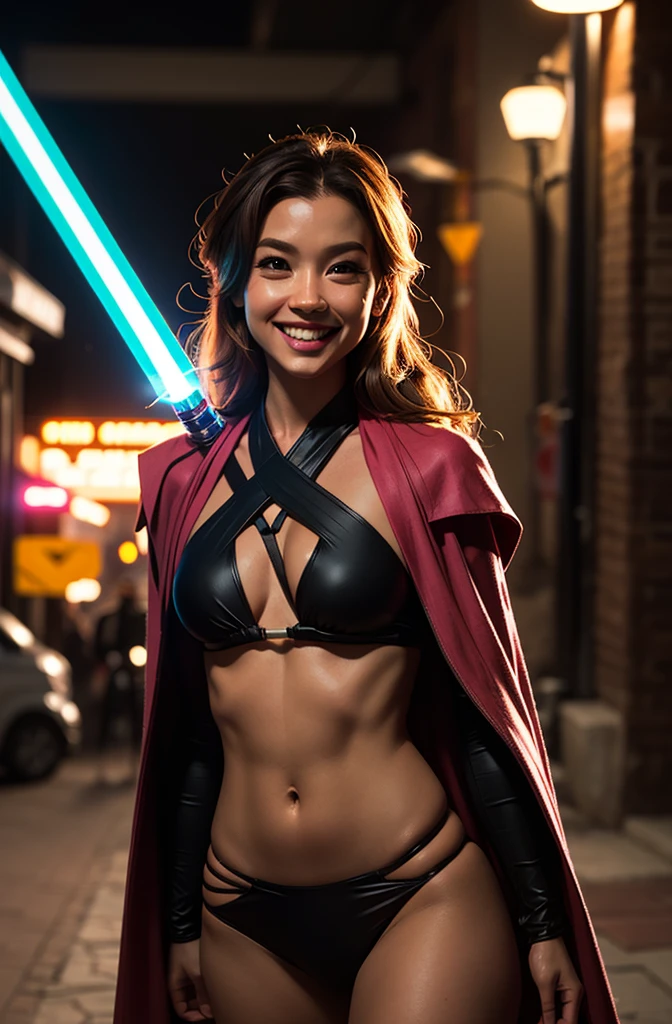 Pink, Jedi bikini armor, volumetric lighting, good lighting on face, detail eyes, long dark wavy hair, poster theme art, smile, 8k cinematic, holding light saber, running at camera