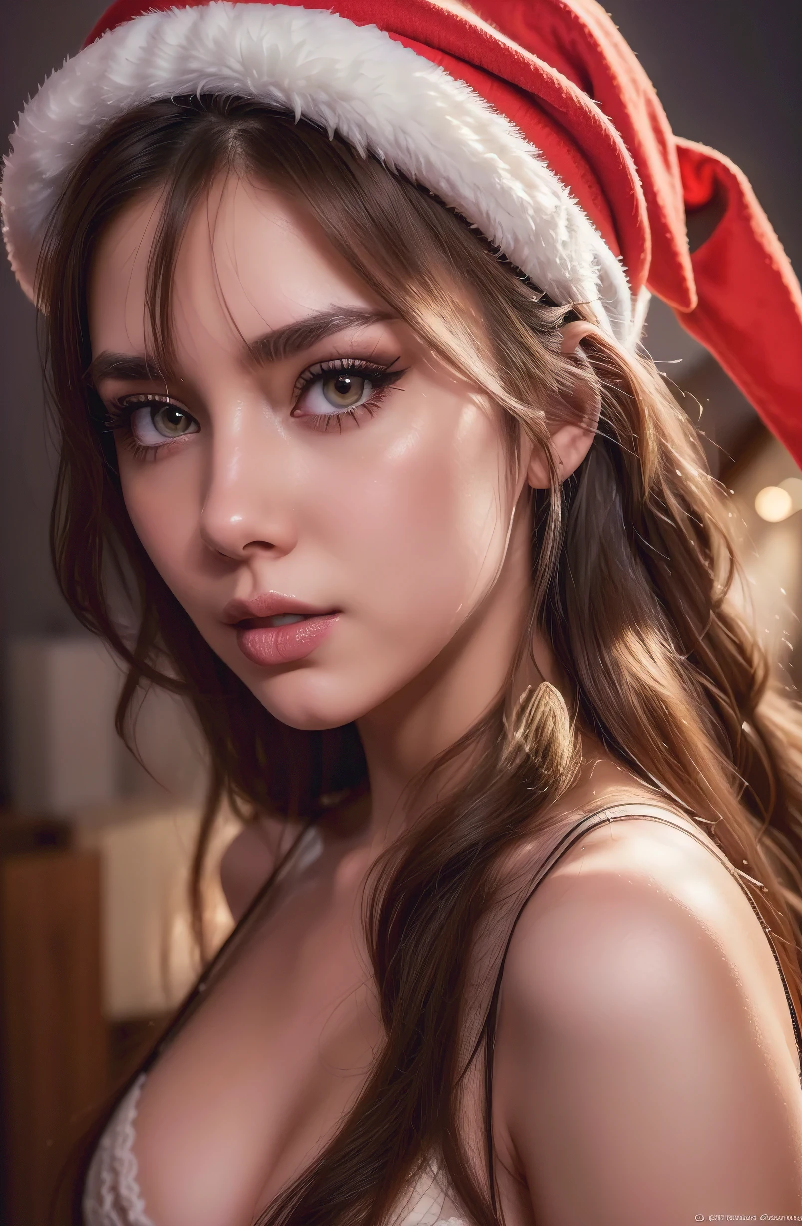 (best quality, realistic),Lora Perfect Girl A, ultra-detailed, vivid colors, professional, HDR, portrait, fine art, digital painting, studio lighting, beautiful detailed eyes, beautiful detailed lips, Santa hat, sexy, confident expression, long brown hair, flawless complexion, elegant pose, white lace lingerie, subtle makeup, alluring gaze, festive atmosphere.