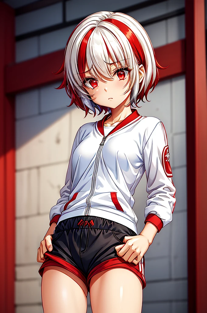 1girl, skinny, small breast, medium short fluffy hair, white hair, (red streaks hair), red eyes, white t-shirt, black bomber jacket, red stripes on the bomber, red hood, long arms, black shorts, red stripes on shorts, white socks, red sneakers, open jacket