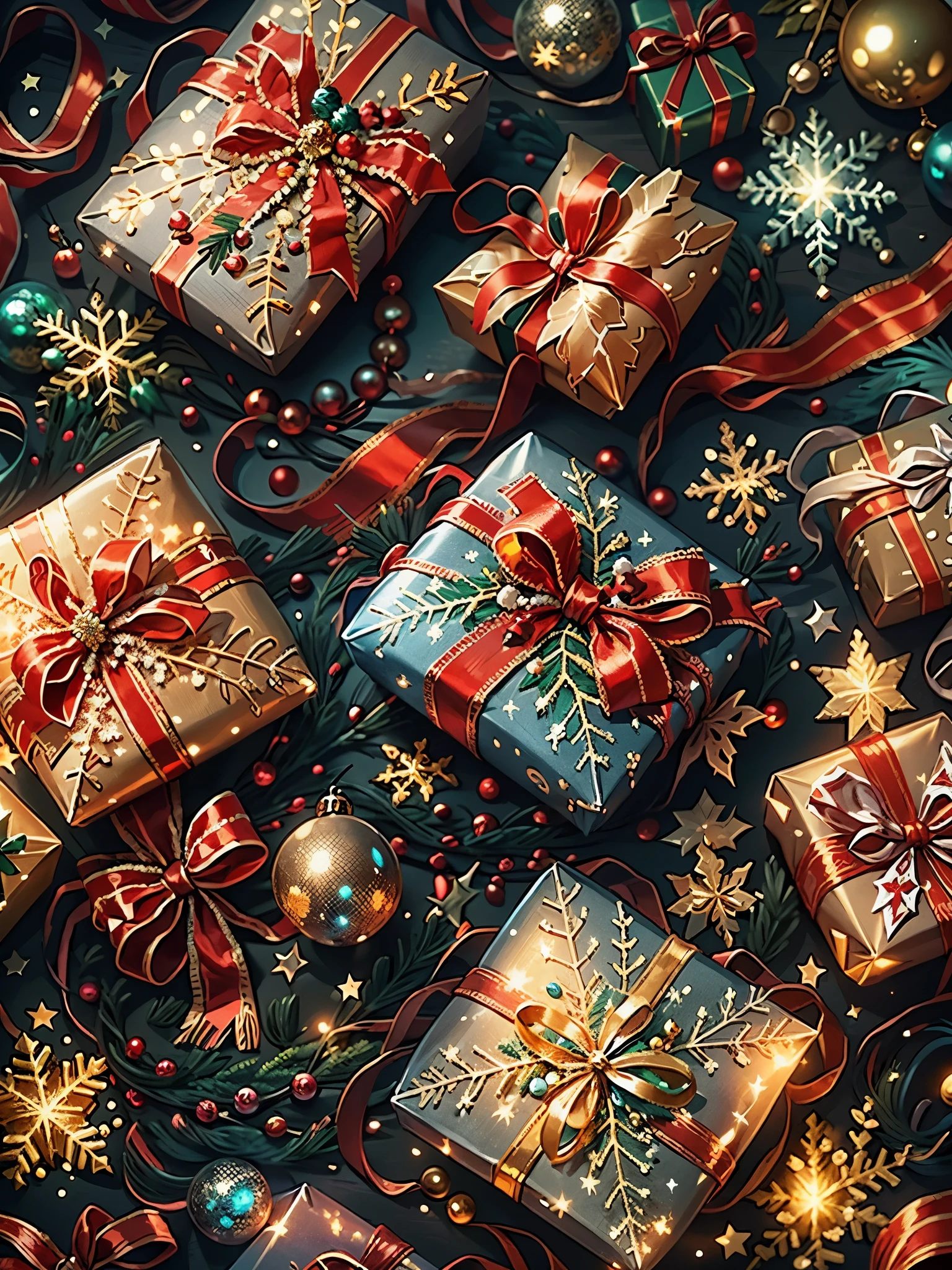 best quality,highres,(realistic:1.37),vibrant colors,studio lighting,bokeh,(christmas gift:1.1),shiny texture,sparkling ribbons,beautifully wrapped,delicate bow,ornaments,detailed pattern,glowing,glittering,joyful atmosphere,magical presents,cozy living room,holiday decorations,festive vibe,warm fireplace,brightly lit Christmas tree,snowflakes falling,celebration,love and happiness,wonderful surprise,magical moment,wish fulfillment,believing in miracles,holiday spirit,memorable experience,peace and harmony