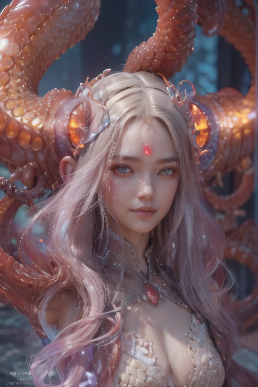 Portrait, (beautiful female alien:1.2), (There is a female genital-like organ in the middle of the forehead..:1.8), (The most beautiful face in the history of the universe:1.2), (scarlet eyes:1.6), (Translucent skin:1.8), an evil gaze that seduces , (red eyes:1.5), Full body like, (sexypose:1.5), alien, No humans, cells are fused, (Lots of translucent tentacles:1.1) (Translucent skin:1.3), extraterrestrial, cell, bio image, 魅惑的, Best Quality, 8K,4K_quality, High Definition, Dramatic Lighting, masutepiece:1.5,cinematic quality, detail up, (Intricate details:1.2), High resolution, High Definition, drawing faithfully, (Thick eyebrows:1.2), Beautiful eyes with fine symmetry, (Ultra detailed eyes:1.2),(Highly detailed face and eyes:1.2), (High-resolution red-eye:1.4), Intimate face, (Super detailed skin quality feeling:1.4), Perfect Anatomy, (Beautiful toned body:1.5), (Moist skin:1.2), No makeup, (dark circles:1.1), long canines, cinematic drawing of characters, ultra high quality model, cinematic quality, detail up, (Intricate details:1.2), High resolution, High Definition, drawing faithfully, Official art, Unity 8K wall , 8K Portrait, Best Quality, Very High resolution, ultra detailed artistic photography, midnight aura, unreal enginee 5, Ultra Sharp Focus, art by alberto seveso, ArtGerm, Roisch, intricate artwork, Medusa, best quality, masutepiece, ultra High resolution, (photos realistic:1.4), Ultra-realistic realism, dream-like, nautilus, Creation of fantasy, Snail, Dream Snail, biopunk nautilus, Thrilling color schemes, Ultra-realistic realism, seductively smiling, Blue tentacles