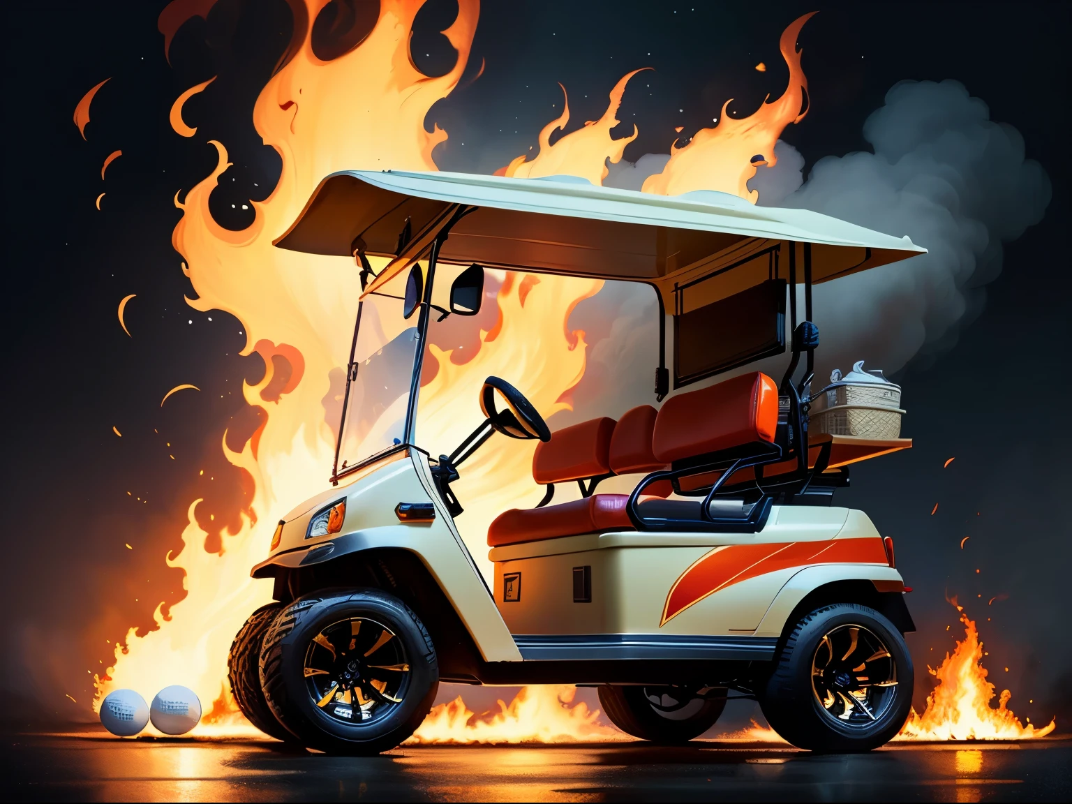 ((best quality)), ((masterpiece)), (detailed), (2D), empty golf cart. zero passengers. huge flames shooting out the back of the cart. black background
