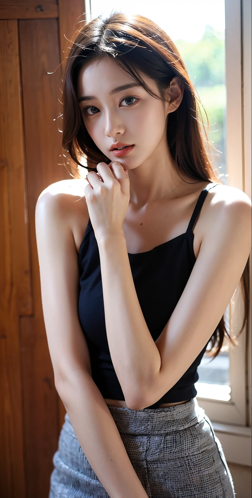 32Gbyhe most beautiful woman there ,The most realistic,Pull your upper body closer,Sunlight shines,Skin texture, Purple skirt