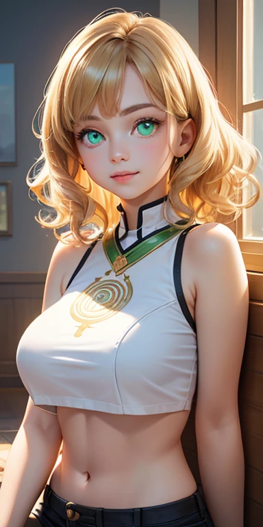 baby face, short gold hair,curly hair,wavy hair, (photorealistic:1.4), (masterpiece, sidelights, exquisite beautiful eyes: 1.5), masterpiece*portrait, realistic, 3D face,kawaii face,front view: 1.5、 (glowing green eyes:1.2),plump face:1.5,(tareme:1.5)、(provocative face:1.2),Rosy Mouth,Slim Body,abs, shiny hair, shiny skin: 1.5、large breasts:1.3,solo,(sit)、(cutout between underboob and crop top)、(charactor focus:1.5、portrait)、upper body,