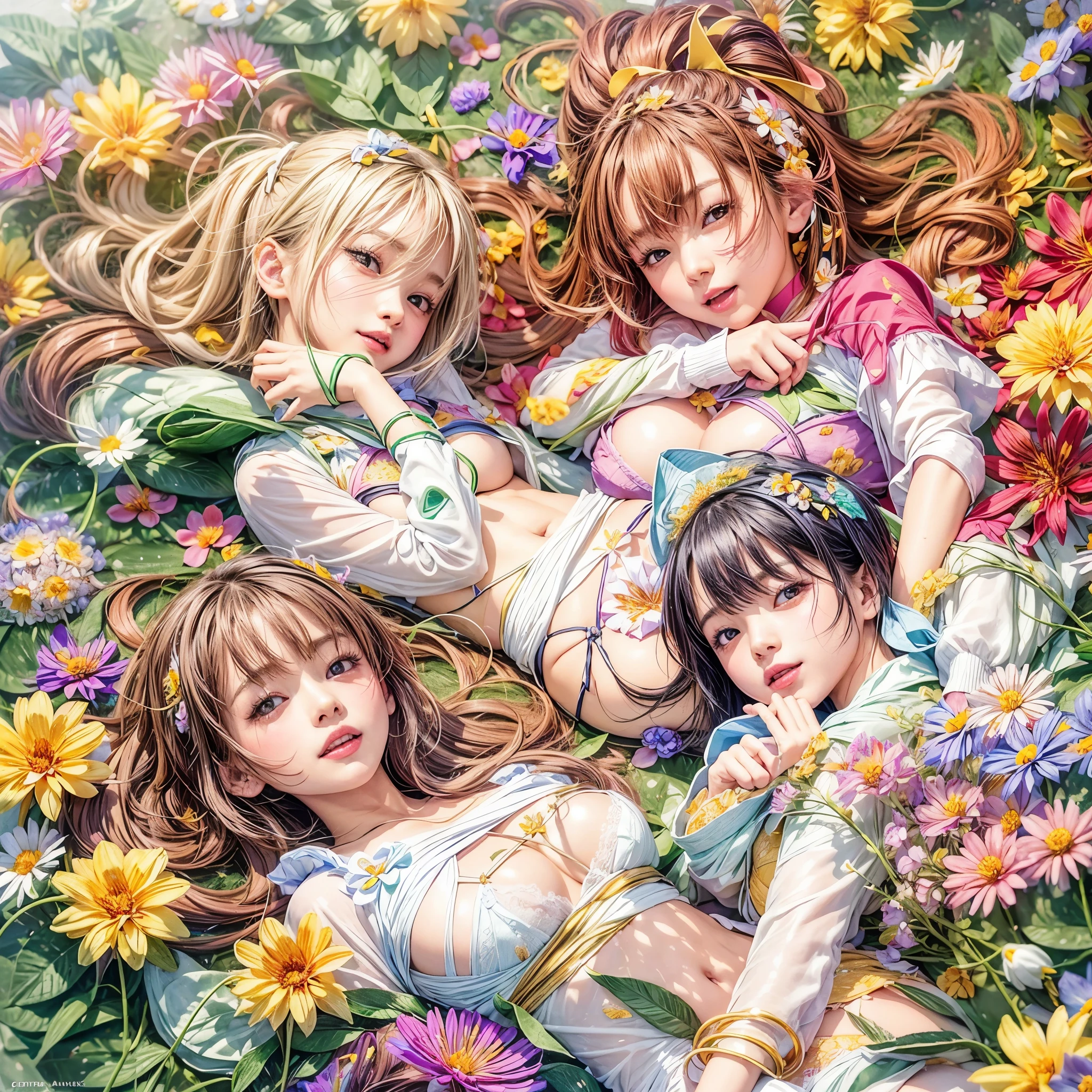 (((4 KAWAII girls laying in a colorful flower space, full of flowers))), ((SFW)), (Acutance), (Exposed:1.2), (Nipple:-0.9), (Face variations), { Sailor collar Uniform | Delicate white lace knitted wear | Delicate bikini made of flowers }, { Swaguchi Aika | Navel | pretty Ass | Overflowing sideboob | laying back }, { laughing | evil smile | :D }, ( oiled glistening skin), (fullbody:1.2), various color hair, {short bob|bung hair|low twin tail hair}, various boobs including flat chest, dynamic angle, {White| Red | gold | vivid colors }, (physically-based rendering), (masterpiece:1.2), extremely detailed, (RAW Photograph:1.37), an extremely delicate and beautiful, (( covering whole body with (many many flowers:1.37))), ( no extra limbs ) .
