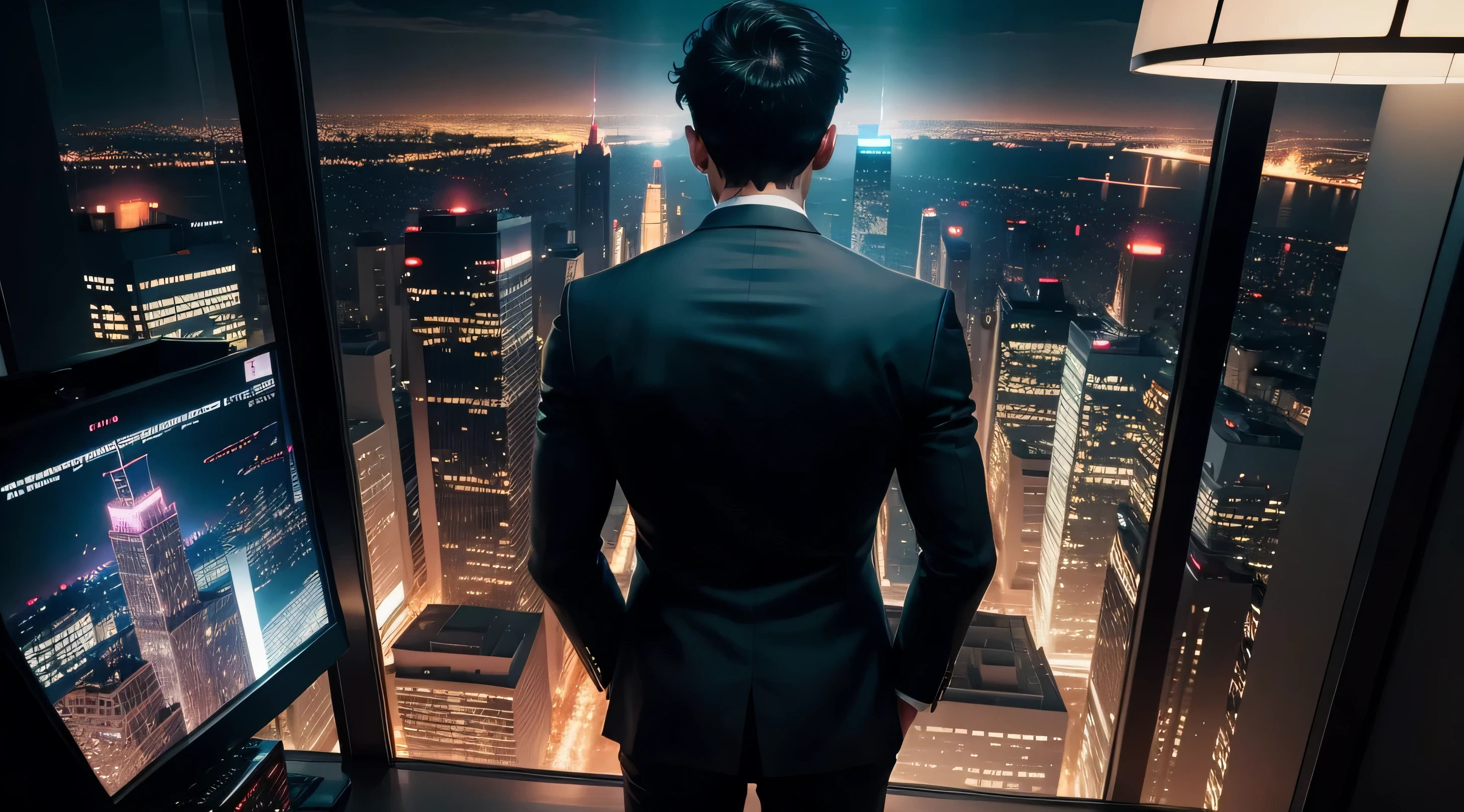 a man, from behind, on the top floor of the hotel, night view, city light, dark suit, lot of monitor, city view, helicopter from far, big window