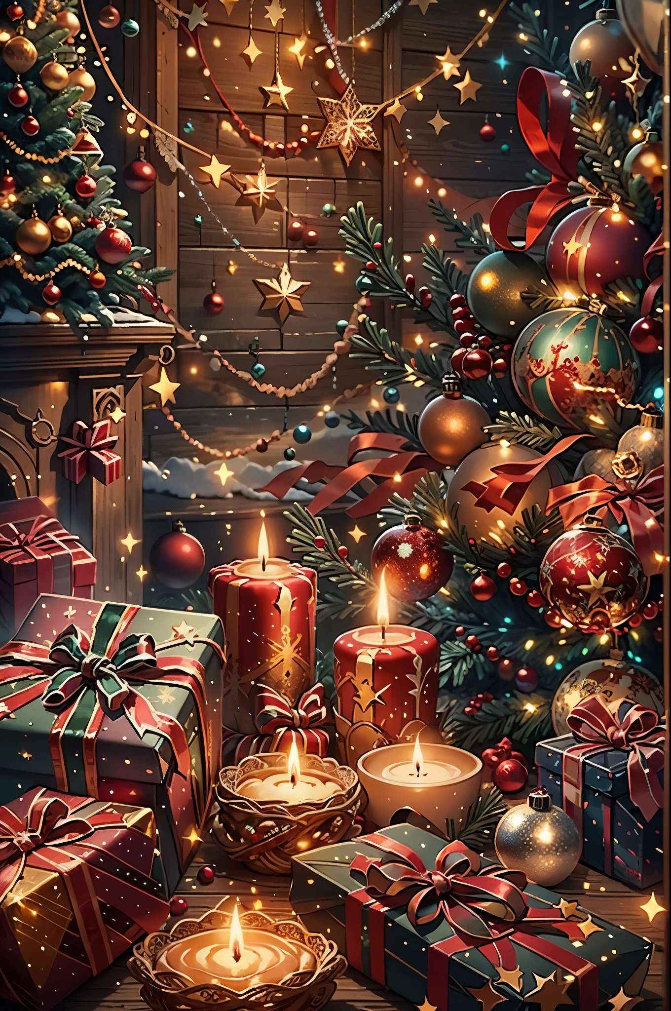 best quality,highres,(realistic:1.37),vibrant colors,studio lighting,bokeh,(christmas gift:1.1),shiny texture,sparkling ribbons,beautifully wrapped,delicate bow,ornaments,detailed pattern,glowing,glittering,joyful atmosphere,magical presents,cozy living room,holiday decorations,festive vibe,warm fireplace,brightly lit Christmas tree,snowflakes falling,celebration,love and happiness,wonderful surprise,magical moment,wish fulfillment,believing in miracles,holiday spirit,memorable experience,peace and harmony