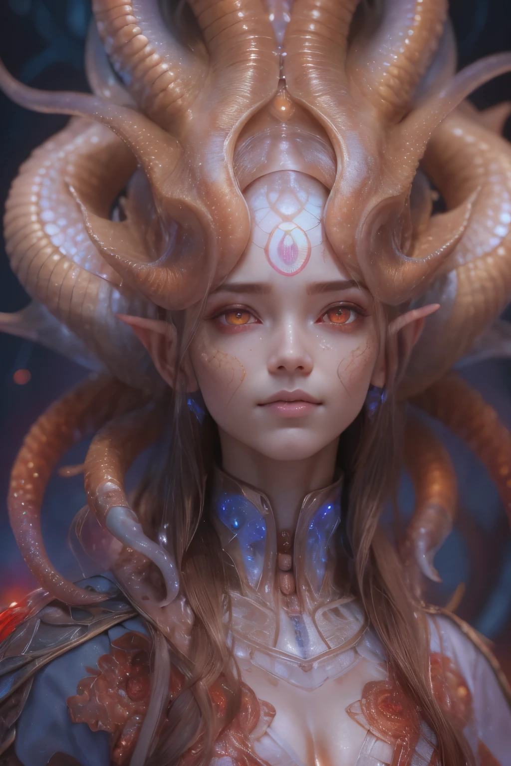 Portrait, (beautiful female alien:1.2), (There is a female genital-like organ in the middle of the forehead..:1.8), (The most beautiful face in the history of the universe:1.2), (scarlet eyes:1.6), (Translucent skin:1.8), an evil gaze that seduces , (red eyes:1.5), Full body like, (sexypose:1.5), alien, No humans, cells are fused, (Lots of translucent tentacles:1.1) (Translucent skin:1.3), extraterrestrial, cell, bio image, 魅惑的, Best Quality, 8K,4K_quality, High Definition, Dramatic Lighting, masutepiece:1.5,cinematic quality, detail up, (Intricate details:1.2), High resolution, High Definition, drawing faithfully, (Thick eyebrows:1.2), Beautiful eyes with fine symmetry, (Ultra detailed eyes:1.2),(Highly detailed face and eyes:1.2), (High-resolution red-eye:1.4), Intimate face, (Super detailed skin quality feeling:1.4), Perfect Anatomy, (Beautiful toned body:1.5), (Moist skin:1.2), No makeup, (dark circles:1.1), long canines, cinematic drawing of characters, ultra high quality model, cinematic quality, detail up, (Intricate details:1.2), High resolution, High Definition, drawing faithfully, Official art, Unity 8K wall , 8K Portrait, Best Quality, Very High resolution, ultra detailed artistic photography, midnight aura, unreal enginee 5, Ultra Sharp Focus, art by alberto seveso, ArtGerm, Roisch, intricate artwork, Medusa, best quality, masutepiece, ultra High resolution, (photos realistic:1.4), Ultra-realistic realism, dream-like, nautilus, Creation of fantasy, Snail, Dream Snail, biopunk nautilus, Thrilling color schemes, Ultra-realistic realism, seductively smiling, Blue tentacles