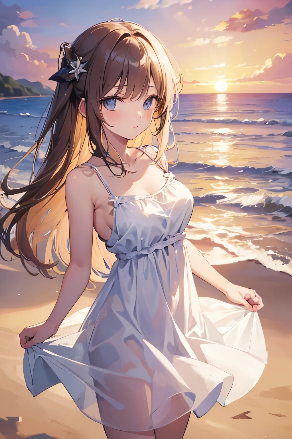 (Tabletop.highest quality).(Dynamic Angle). (CG paintings with attention to detail),(Perfect image)、Comic Strip.shape.1 girl.Detailed face、Perfect Face.Delicate face、Cute and delicate girl in a white shirt、Rough skin、Black Hair.length、(Umamimi Girl)Umamimi Girl、((Beautiful Blue Eyes)).繊細でBeautiful Eyes、Beautiful Eyes、Reflected Eyes、smile.(Looking at the audience:1.3).(Face is a little red:0.8)、8k wallpaper、Cowboy Shot、reflected light、Most detailed、Complex、((With a delicate sea as a background、season summer))、Rough skin、Fine skin、(Super Resolution)、((Cute girl in white shirt))