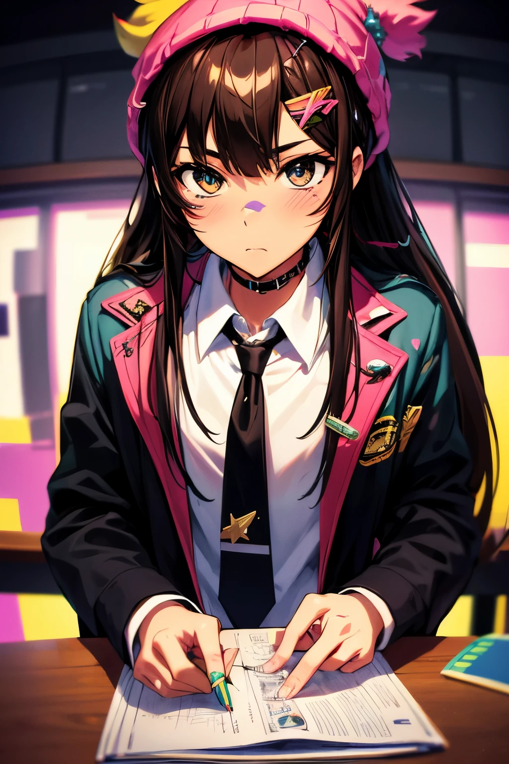 High quality, Octane Rendering, Ultra HD, depth of field, epics, Cinematic, 1girl, solo, black hair, colorful chromatic tips hair, light brown eyes, black beanie, black suit, white shirt, red tie,decora acessories all throughout the suit, decora acessories all throughout the beanie, holding a pencil, neutral expression, looking down, sitting on a desk