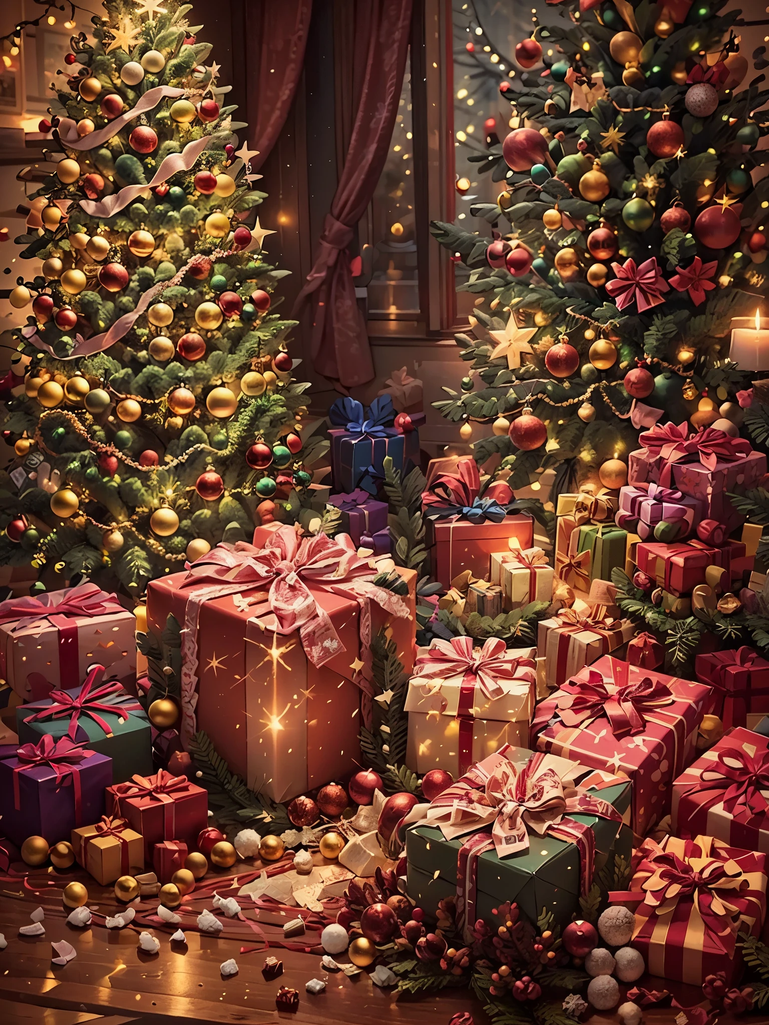 best quality,highres,(realistic:1.37),vibrant colors,studio lighting,bokeh,(christmas gift:1.1),shiny texture,sparkling ribbons,beautifully wrapped,delicate bow,ornaments,detailed pattern,glowing,glittering,joyful atmosphere,magical presents,cozy living room,holiday decorations,festive vibe,warm fireplace,brightly lit Christmas tree,snowflakes falling,celebration,love and happiness,wonderful surprise,magical moment,wish fulfillment,believing in miracles,holiday spirit,memorable experience,peace and harmony