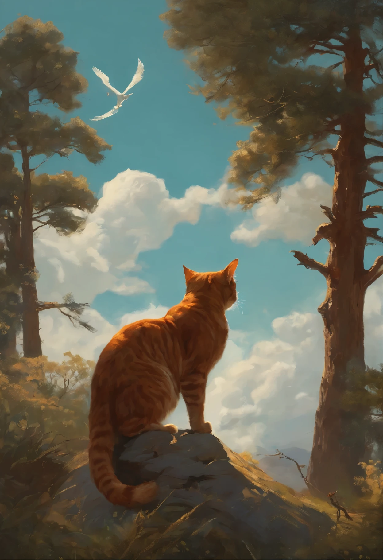 there are four images of a cat in the sky, in the style of Bev Dolittle, WLOP and rhads, Picture of a wild hunt in the sky, God of cats, Anthropomorphic large Maine, Giant feline monster, painterly illustration, pov furry art, Orchid MakK, moebius + loish + WLOP