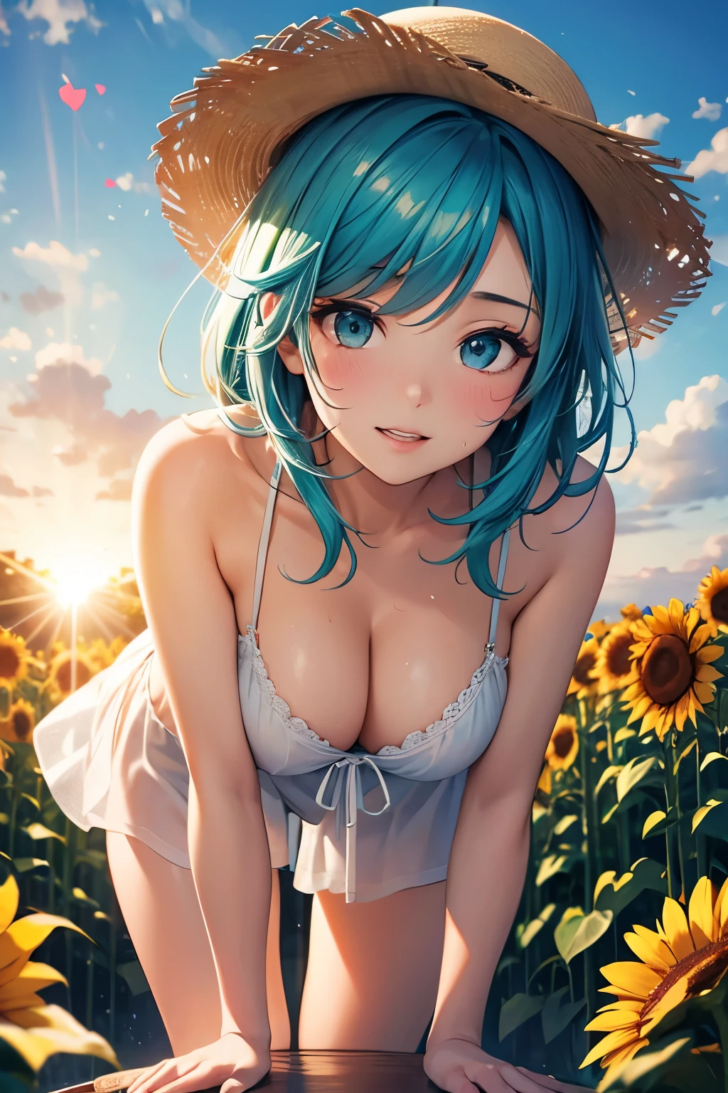 from front, fisheye lens, looking at viewer, breast focus, face, (bent_over:1.5), outstretched hand, large breasts, sagging breasts, cleavage, white chemise, wet, wink, (spoken heart:1.3), sunflower field, (depth of field:1.3), aqua hair, short hair, volumey messy hair, strong light coming in, lens flare, straw hat