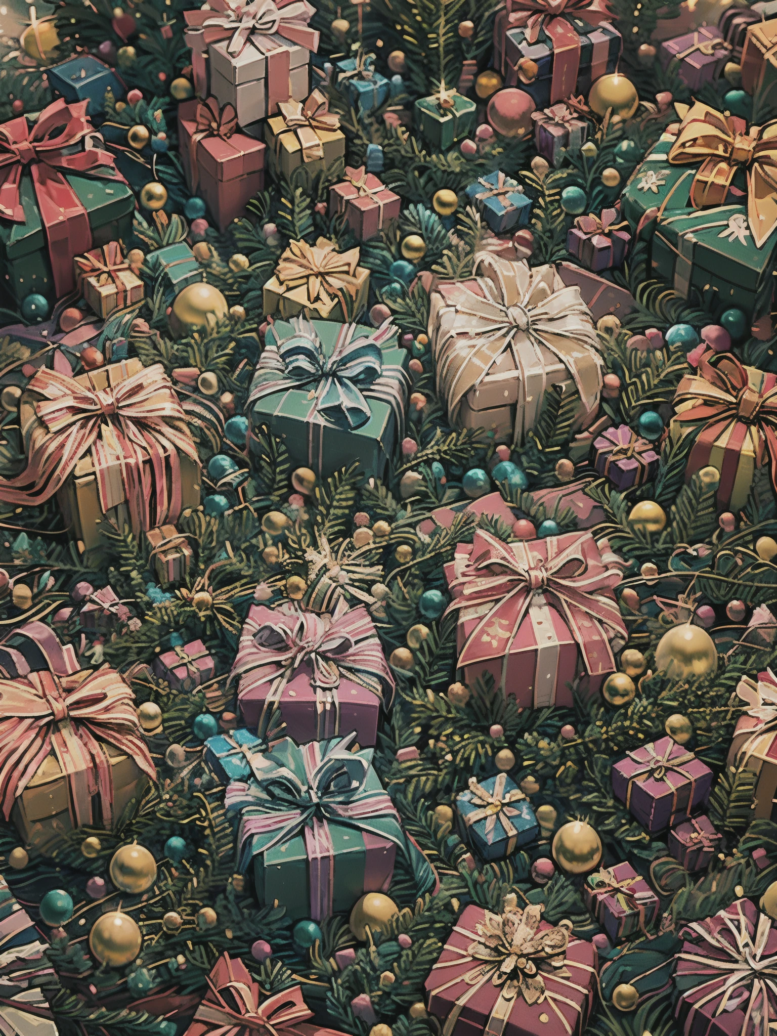 best quality,highres,(realistic:1.37),vibrant colors,studio lighting,bokeh,(christmas gift:1.1),shiny texture,sparkling ribbons,beautifully wrapped,delicate bow,ornaments,detailed pattern,glowing,glittering,joyful atmosphere,magical presents,cozy living room,holiday decorations,festive vibe,warm fireplace,brightly lit Christmas tree,snowflakes falling,celebration,love and happiness,wonderful surprise,magical moment,wish fulfillment,believing in miracles,holiday spirit,memorable experience,peace and harmony