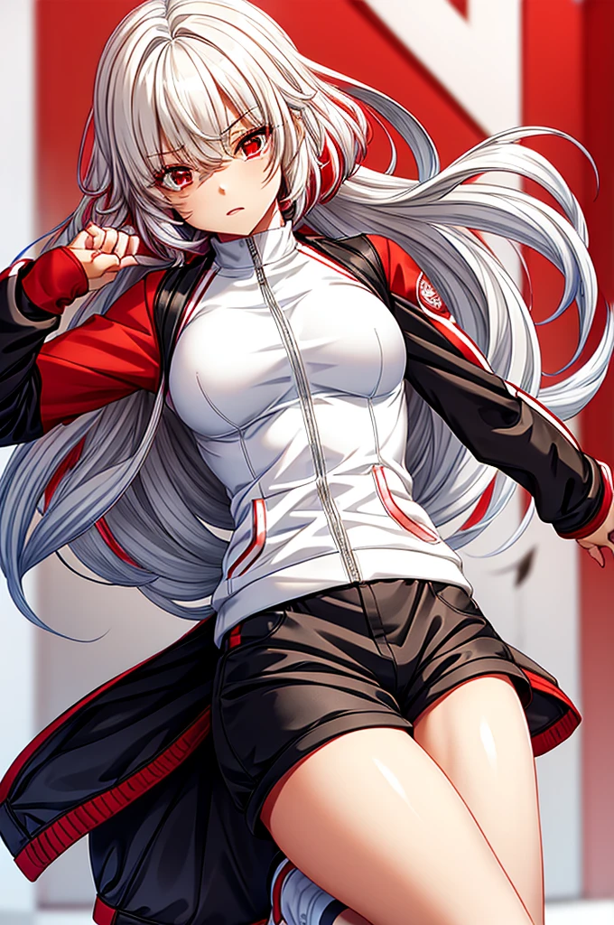 1girl, skinny, small breast, medium short fluffy hair, white hair, (red streaks hair), red eyes, white t-shirt, black bomber jacket, red stripes on the bomber, red hood, long arms, black shorts, red stripes on shorts, white socks, red sneakers, open jacket