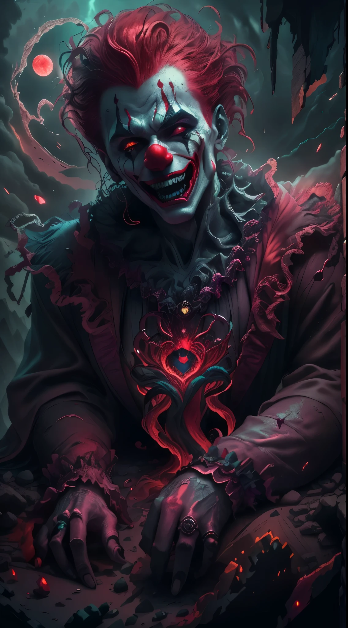 (a detailed image of a) Clown boss, Elden Ring, video game, dark fantasy, night scene, haunting atmosphere, surreal settings, grotesque horror elements, intense action, epic battle, magical powers, twisted smile, fiery red hair, blood covered lips, glowing eyes, sinister laughter, flowing robe, extravagant costume, eerie circus tent, moonlit sky, crumbling ruins, eerie shadows, gothic architecture, mystical runes, ethereal lighting, intense contrast, vibrant colors, dynamic composition, masterful brushstrokes, high-resolution details, photorealistic rendering