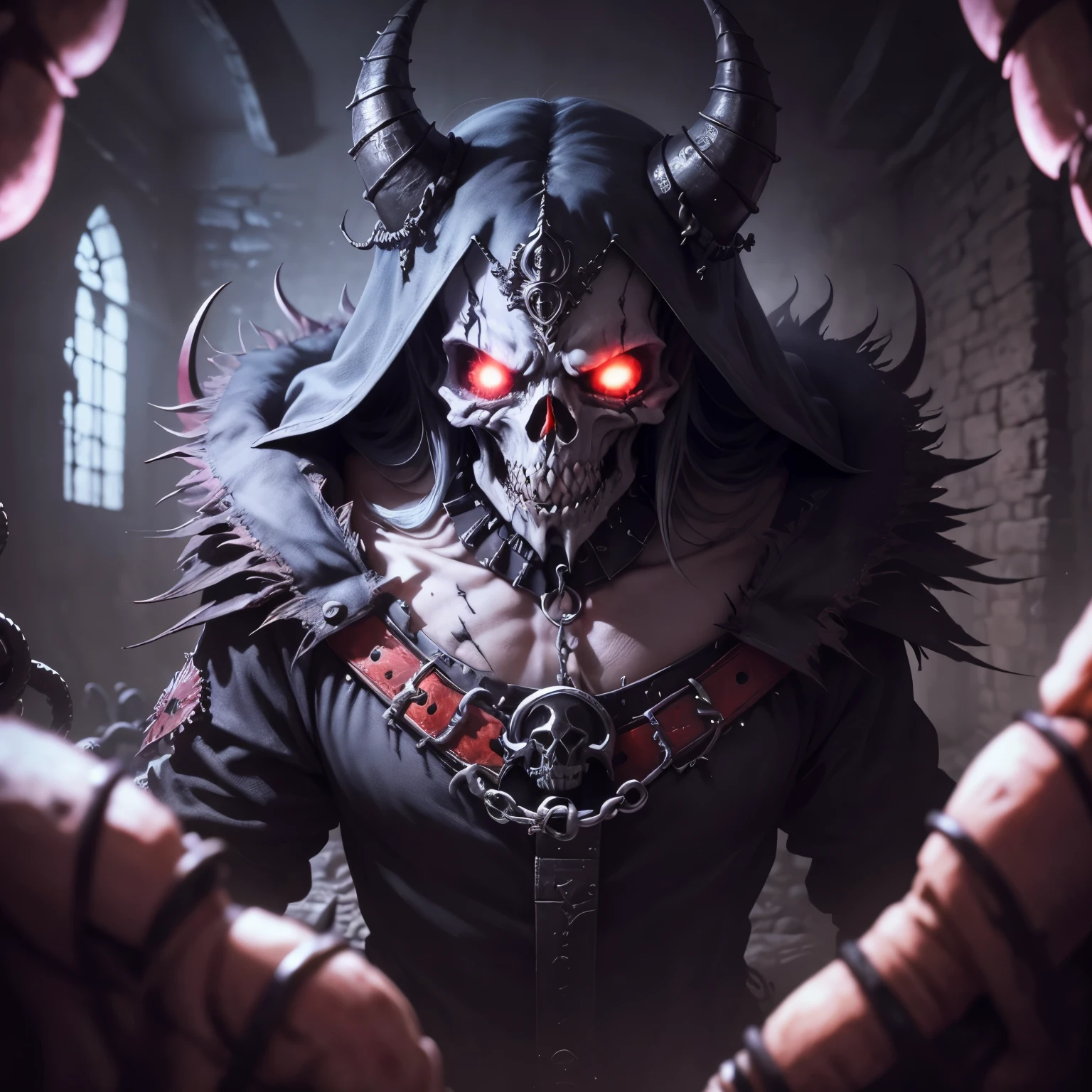 demonio, bestial skull, correntes ensanguentadas, preso, ossos Behemoth, manic eye aberration, membros suturados, tentacles, ossos, dentes, presas afiadas, acorrentado, expression of insanity, loucura, dungeon dungeon environment, 8k, qualidade ultra HD.