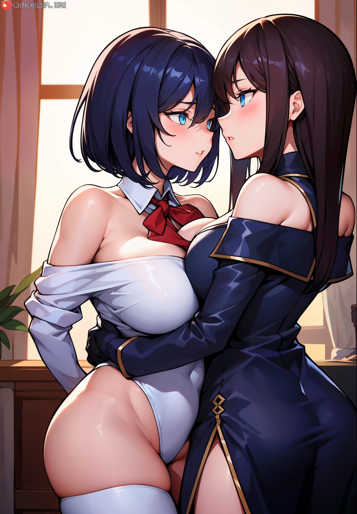 tmasterpiece 的脸, good lighting, low chest, finely detailled, tmasterpiece, glowing light eyes, 2 girls, brunette color hair, Best quality at best, Perspectives, full bodyesbian, Wide hips,Bigchest，Off-the-shoulder attire，low chest装，2 girls在拥抱亲吻，lilie，Two lesbians，Intense kisseierce hug，Chest to chest，very huge big breasts，Two girls kissing together