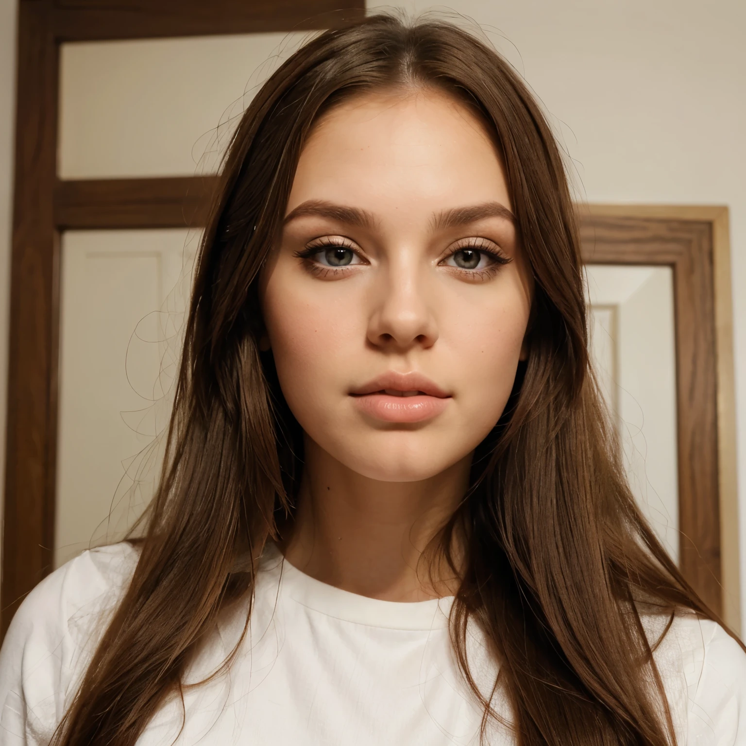 Make a beautifull white woman, with big lips and a strong cheek structure. Brown long hair chsnge eyecolour