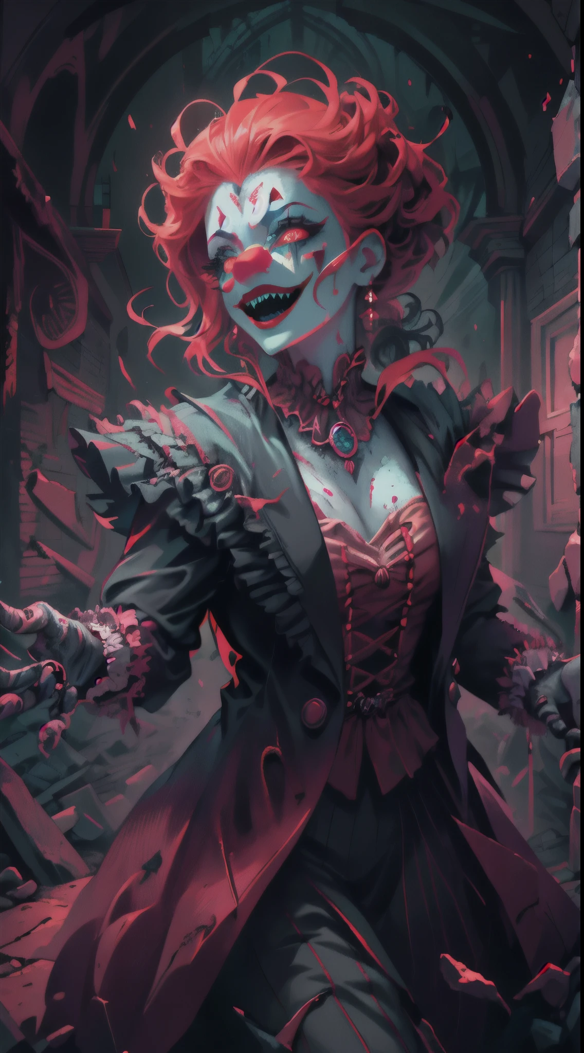 (a detailed image of a) Clown boss, Elden Ring, video game, dark fantasy, night scene, haunting atmosphere, surreal settings, grotesque horror elements, intense action, epic battle, magical powers, twisted smile, fiery red hair, blood covered lips, glowing eyes, sinister laughter, flowing robe, extravagant costume, eerie circus tent, moonlit sky, crumbling ruins, eerie shadows, gothic architecture, mystical runes, ethereal lighting, intense contrast, vibrant colors, dynamic composition, masterful brushstrokes, high-resolution details, photorealistic rendering