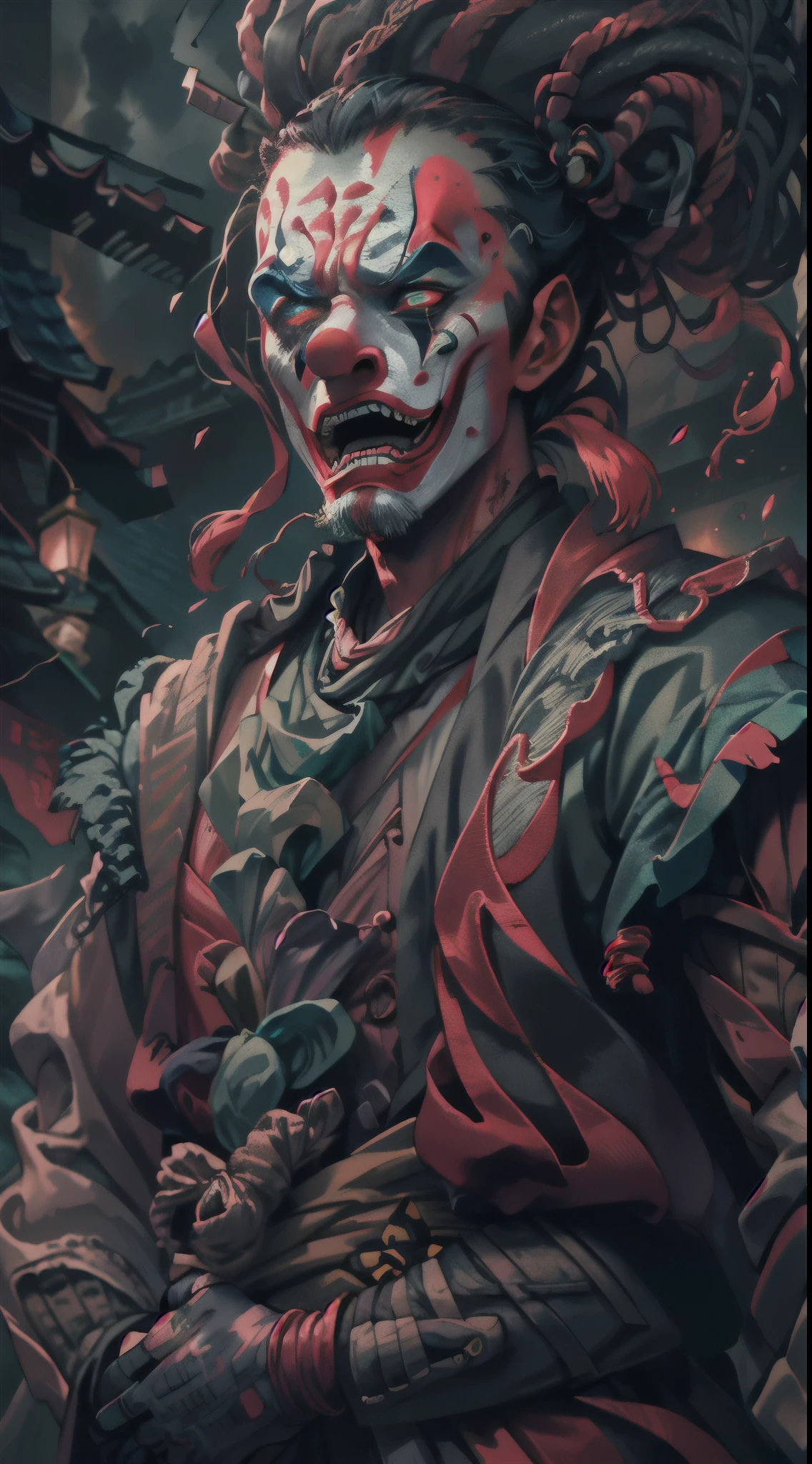 clown boss in Sekiro,illustration,grotesque,paintingsque,vibrant colors,detailed facial expression,sharp focus,haunting atmosphere,grim background lighting,horror,emotionally charged,long menacing teeth,frayed colorful costume,ceramic mask,dark shadows,intense stare,wispy hair,strained muscles,crowd of terrified onlookers,extreme detail description,highres,physically-based rendering,night scene