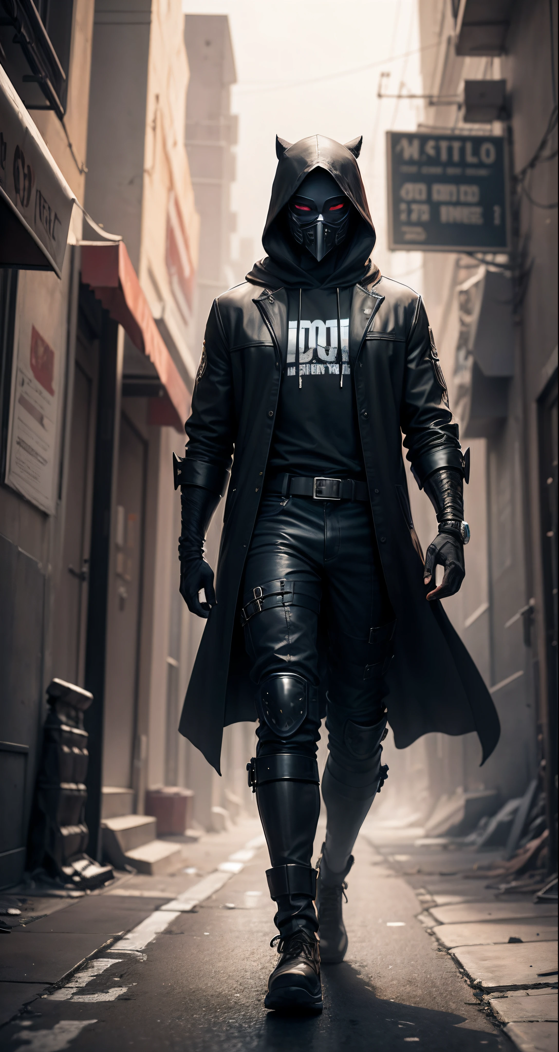 An aesthetic man with hood and black mask, dressed in a black warrior costume wandering the streets of a futuristic and apocalyptic city --auto