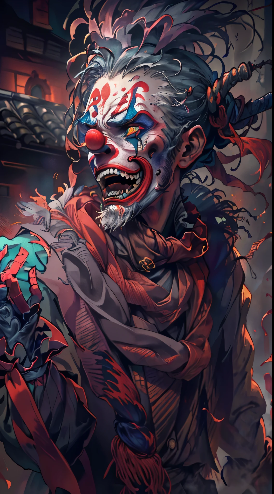 clown boss in Sekiro,illustration,grotesque,paintingsque,vibrant colors,detailed facial expression,sharp focus,haunting atmosphere,grim background lighting,horror,emotionally charged,long menacing teeth,frayed colorful costume,ceramic mask,dark shadows,intense stare,wispy hair,strained muscles,crowd of terrified onlookers,extreme detail description,highres,physically-based rendering,night scene