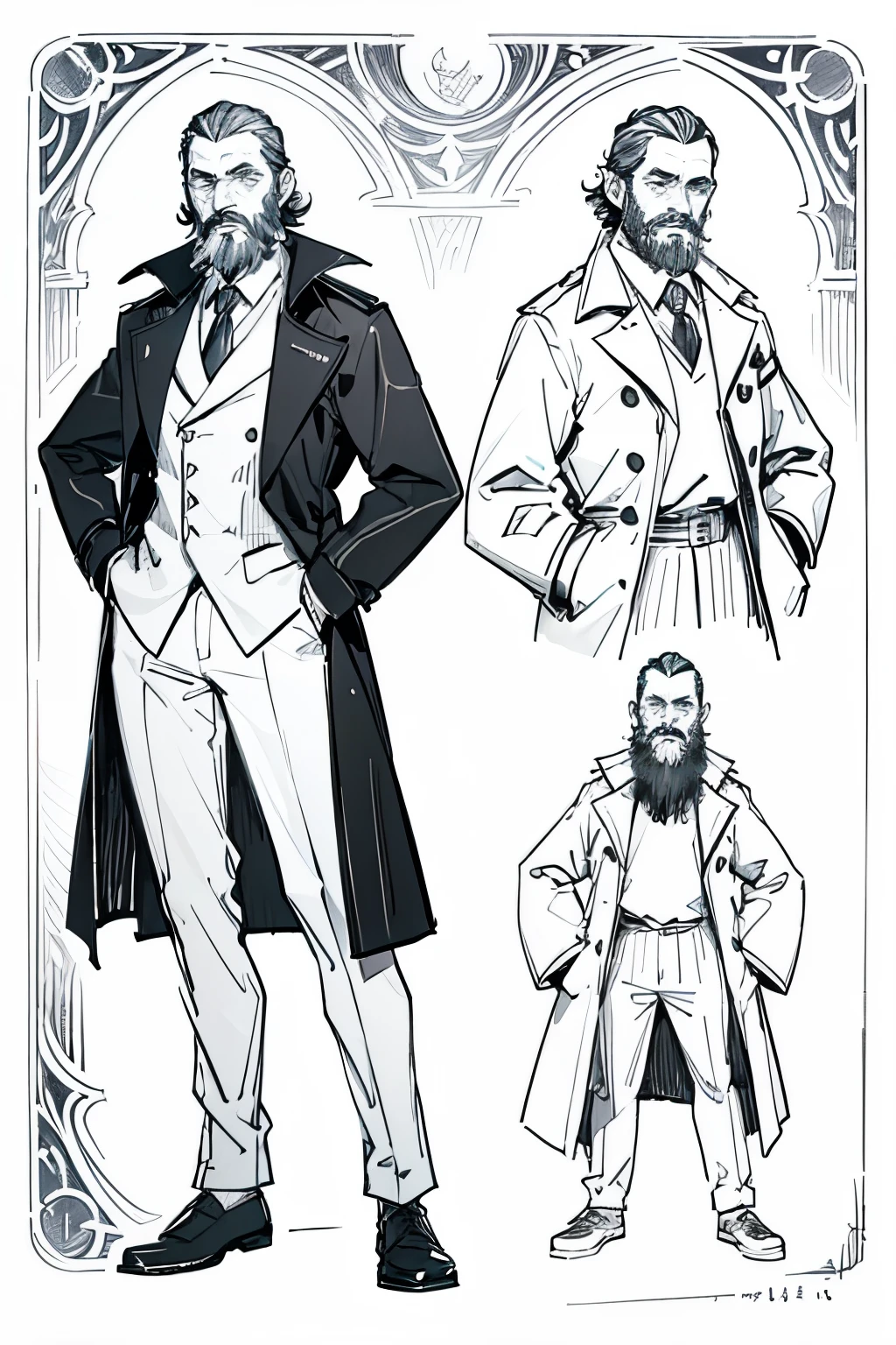 character  design，Middle-aged man with beard wearing trench coat，Middle Ages style，line art，Three View