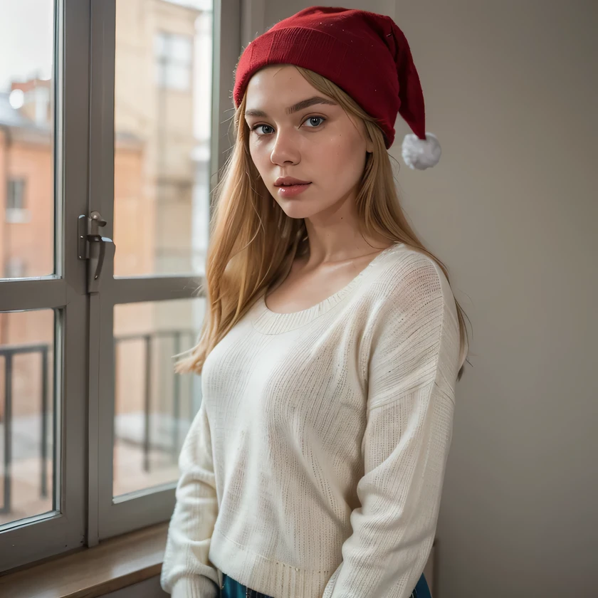 (realistic,photorealistic:1.37),extremely realistic Russian girl with blonde hair and blue eyes,beautiful detailed lips and eyes, detailed and ,imperfect skin,textured skin,upper body,wearing red christmas hat,beautiful detailed blonde hair, wearing a cozy red jumper and red trousers, festive holiday attire,no hands, pic from side, full body