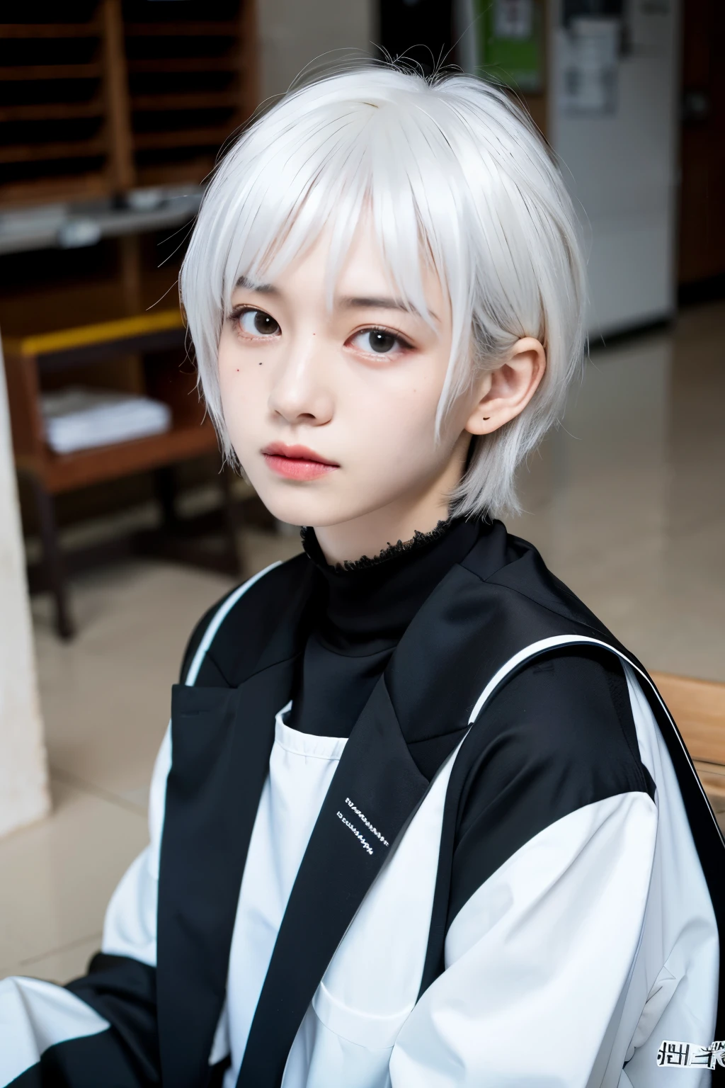 ((masterpiece, best quality)), (1girl), (solo), (female focus), (ahoge, white hair, short hair), black eyes, ((white shirt), (buttoned shirt)), ((black skirt), (short skirt)), standing, white background, 8K highest quality behind arms