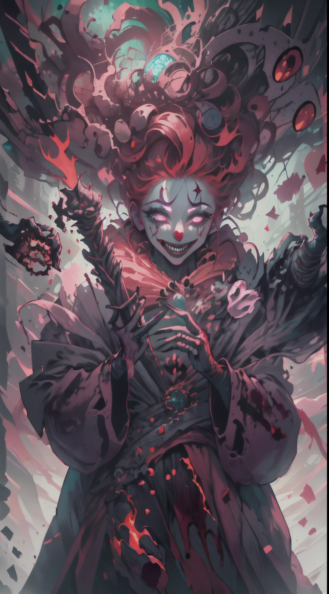 (a detailed image of a) Clown boss, Elden Ring, video game, dark fantasy, night scene, haunting atmosphere, surreal settings, grotesque horror elements, intense action, epic battle, magical powers, twisted smile, fiery red hair, blood covered lips, glowing eyes, sinister laughter, flowing robe, extravagant costume, eerie circus tent, moonlit sky, crumbling ruins, eerie shadows, gothic architecture, mystical runes, ethereal lighting, intense contrast, vibrant colors, dynamic composition, masterful brushstrokes, high-resolution details, photorealistic rendering