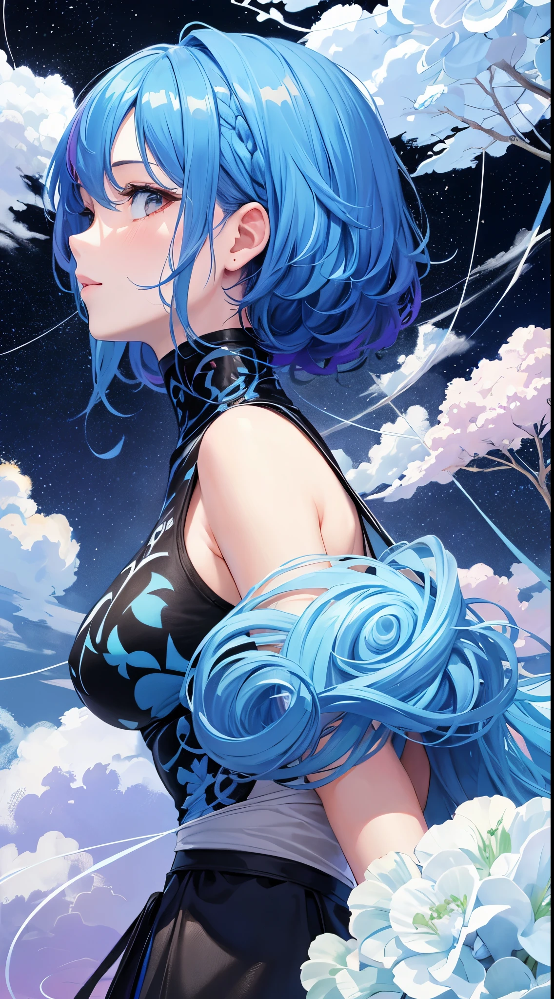 (tmasterpiece,quality,最佳quality,Eau彩(Curly),offcial art,Beauty and aesthetics:1.2),(1girl:1.3),(s fractal art:1.3),The upper part of the body,seen from the side,looking at viewert,patterned,(rainbow colour hair,The color hair,Half blue and half pink hair:1.2),Eau,liquids,clouds,colorful,Starry,As estrelas,