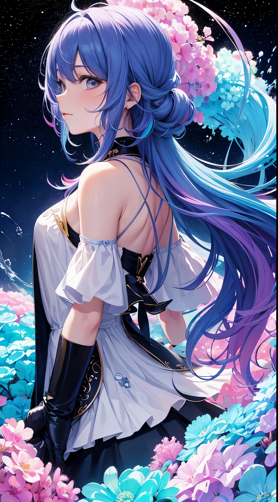 (tmasterpiece,quality,最佳quality,Eau彩(Curly),offcial art,Beauty and aesthetics:1.2),(1girl:1.3),(s fractal art:1.3),The upper part of the body,seen from the side,looking at viewert,patterned,(rainbow colour hair,The color hair,Half blue and half pink hair:1.2),Eau,liquids,clouds,colorful,Starry,As estrelas,