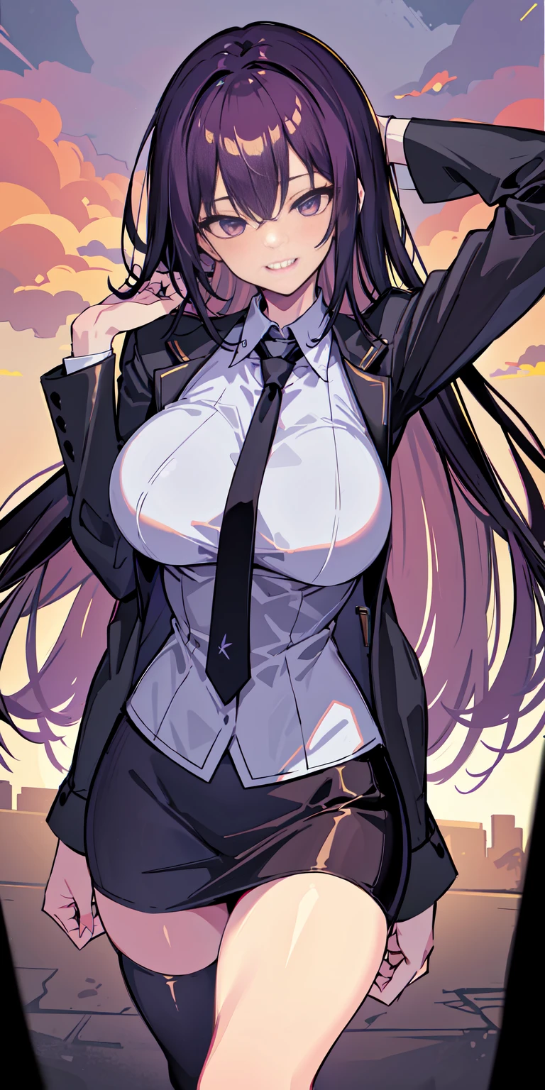 (Masterpiece: 1.6, Best Quality), (Fine and Beautiful Eyes: 1.2), (Overhead), High Quality, Beautiful Face, 1girl, Leather Tight Skirt, Extra Large Leather Jacket, Big Tits, Long Hair, Wide Hips, (Landscaped), Street, Background, Detail Background, Spooky Grin, Angled Laughter at the Corners of Mouth, Long Coat, Shirt, Tie, Office Lady, Mature